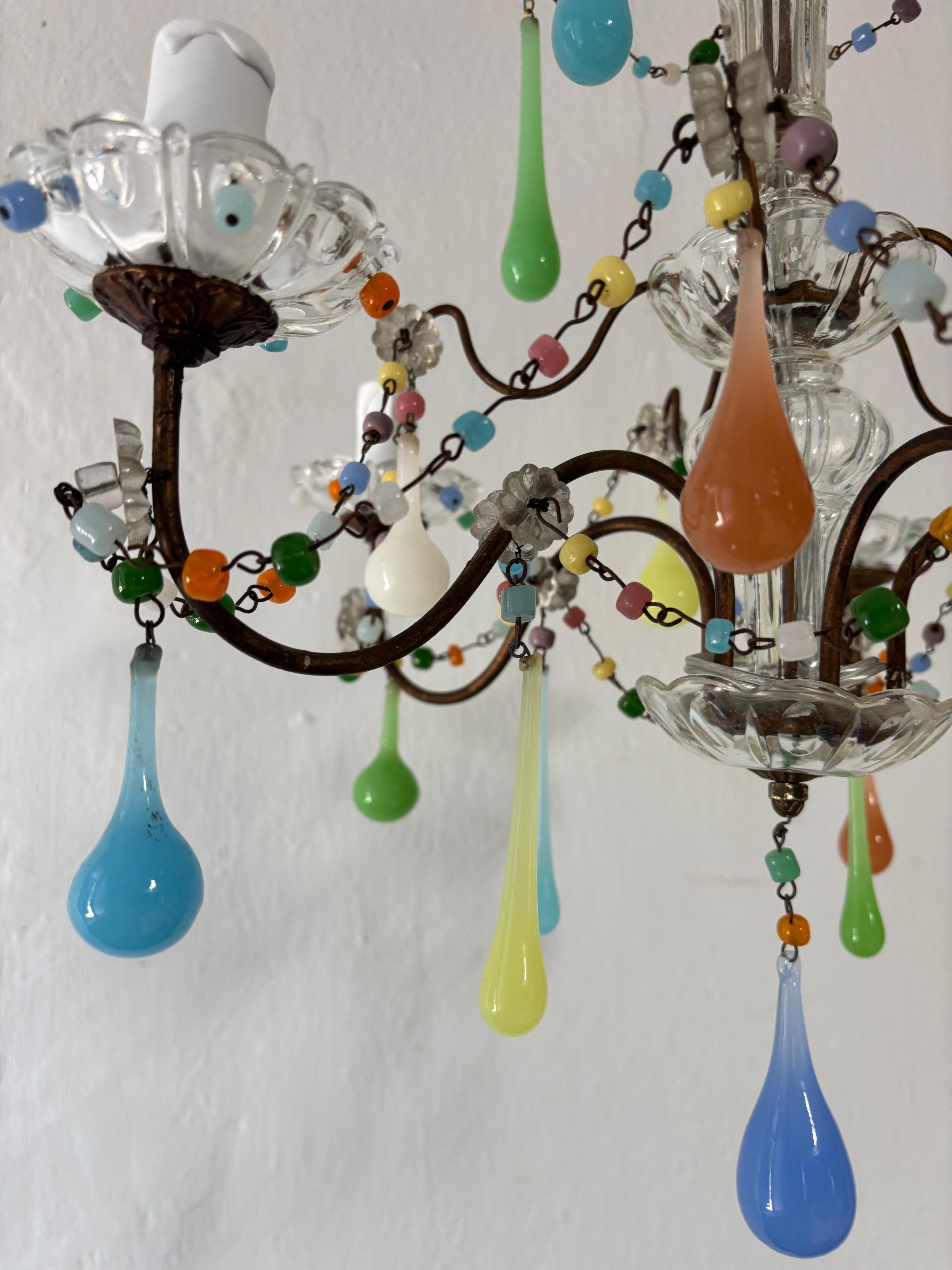 French Rainbow Pastel Confetti Candy Colors Opaline Drops Chandelier, circa 1920 For Sale 5