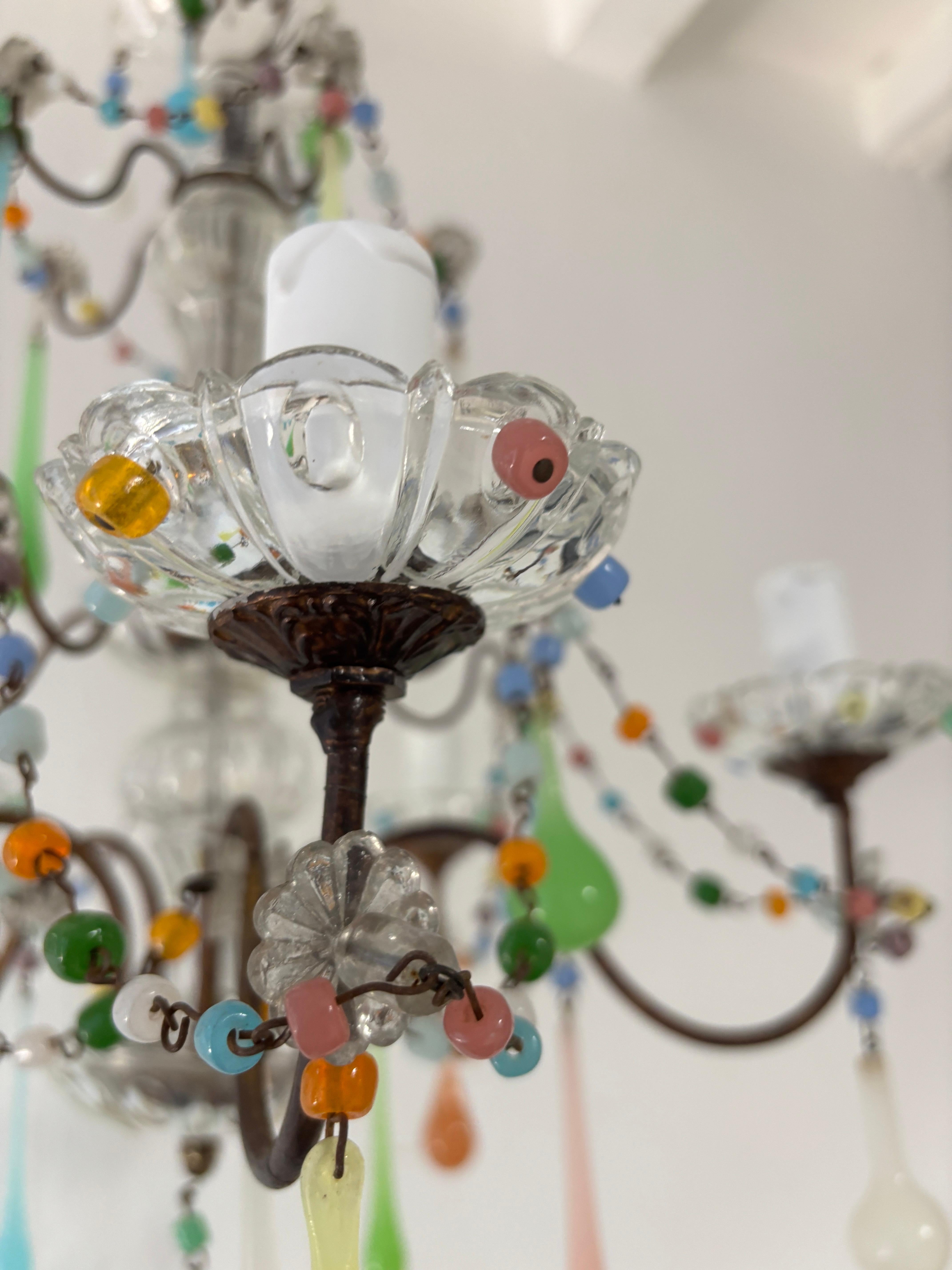 French Rainbow Pastel Confetti Candy Colors Opaline Drops Chandelier, circa 1920 For Sale 6