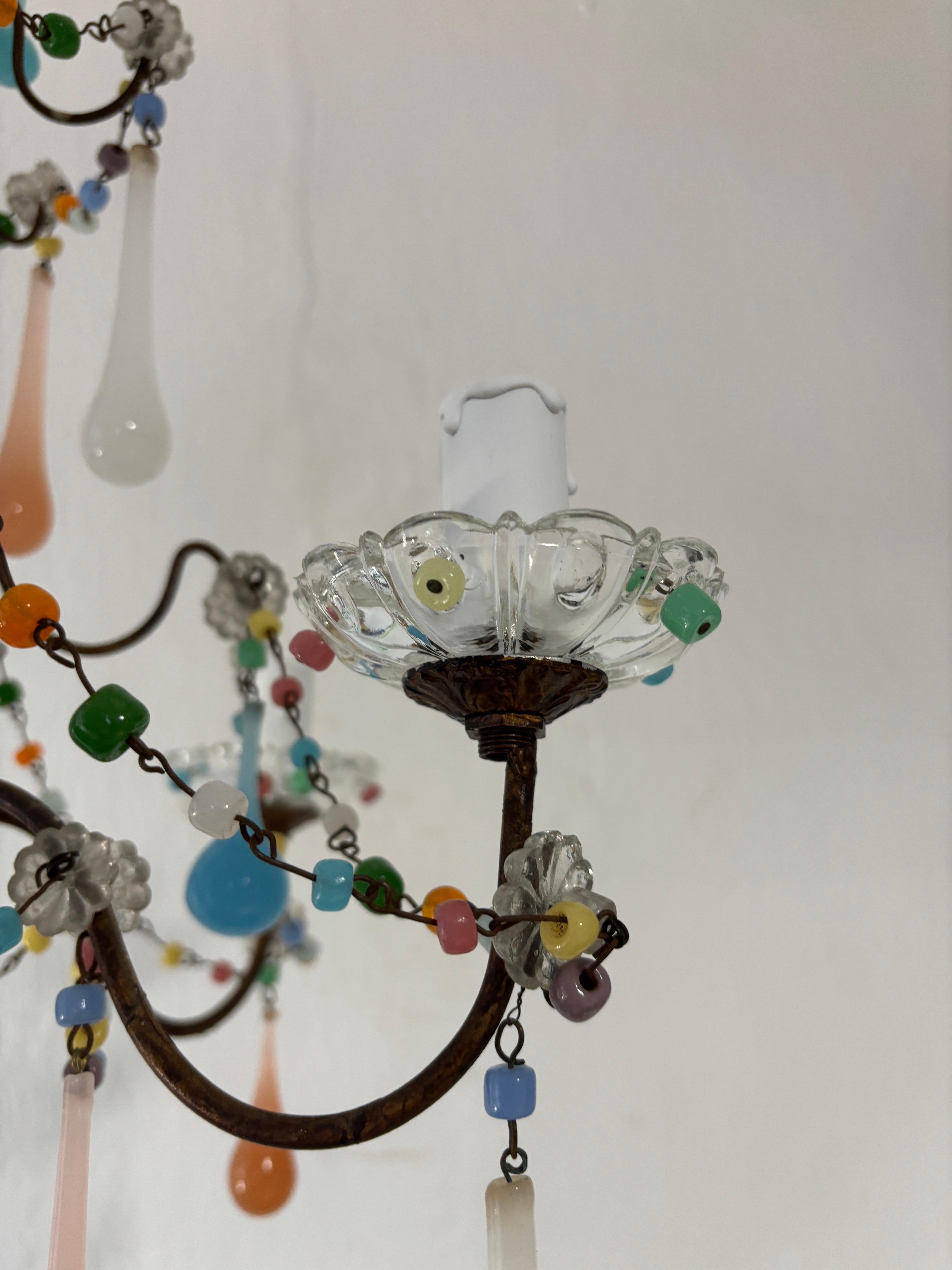 French Rainbow Pastel Confetti Candy Colors Opaline Drops Chandelier, circa 1920 For Sale 7