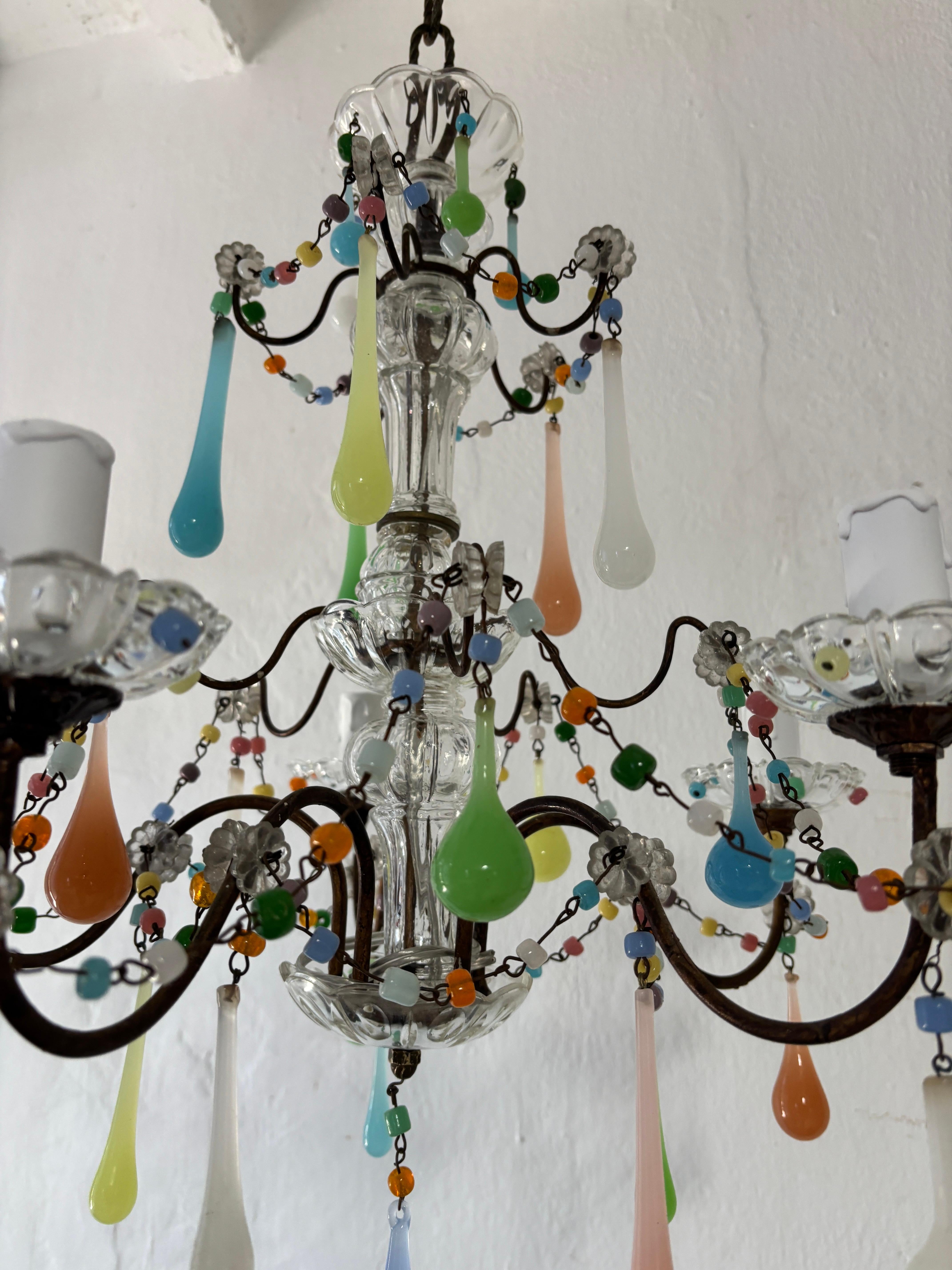 French Rainbow Pastel Confetti Candy Colors Opaline Drops Chandelier, circa 1920 For Sale 8