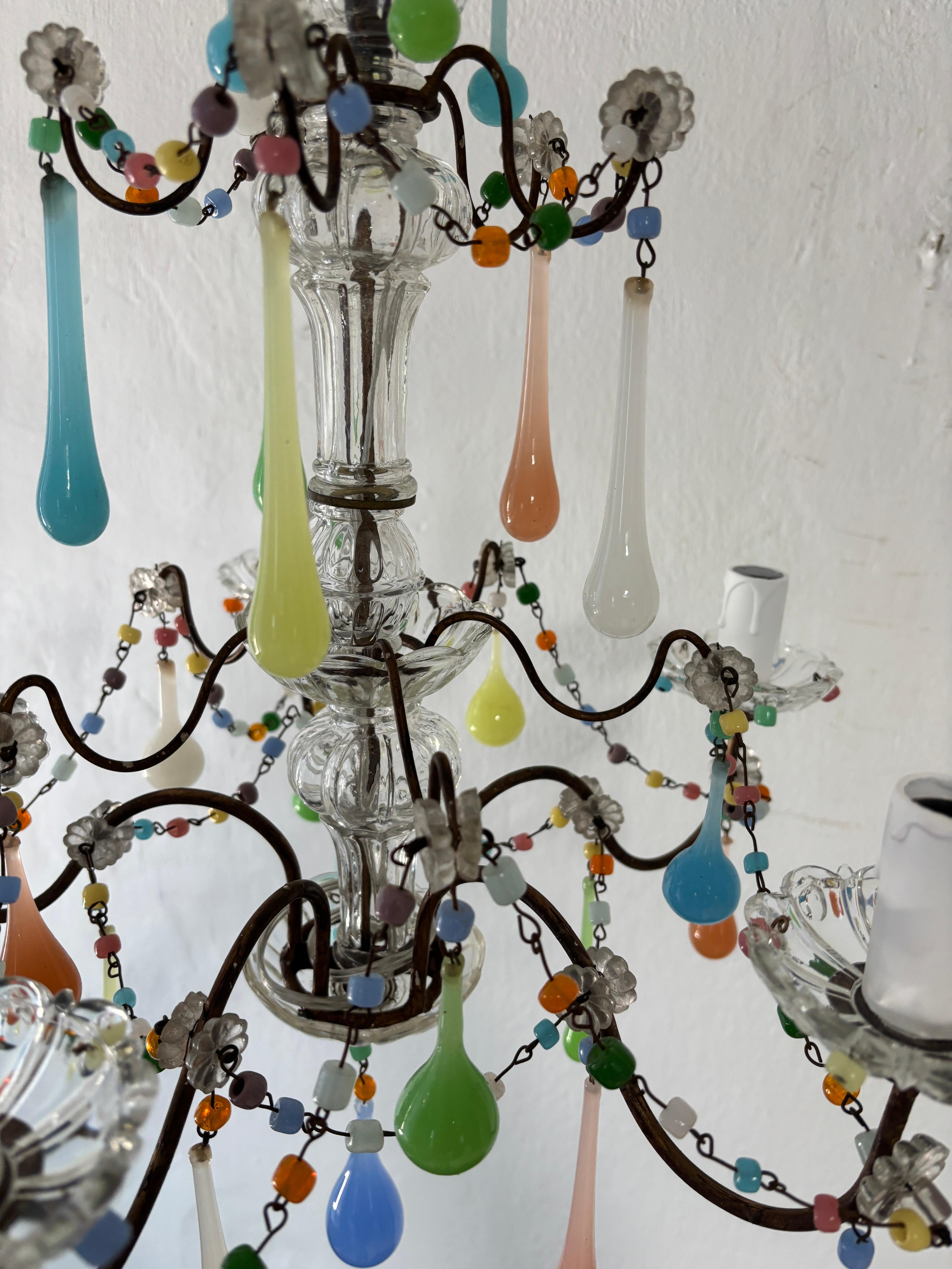 French Rainbow Pastel Confetti Candy Colors Opaline Drops Chandelier, circa 1920 For Sale 9