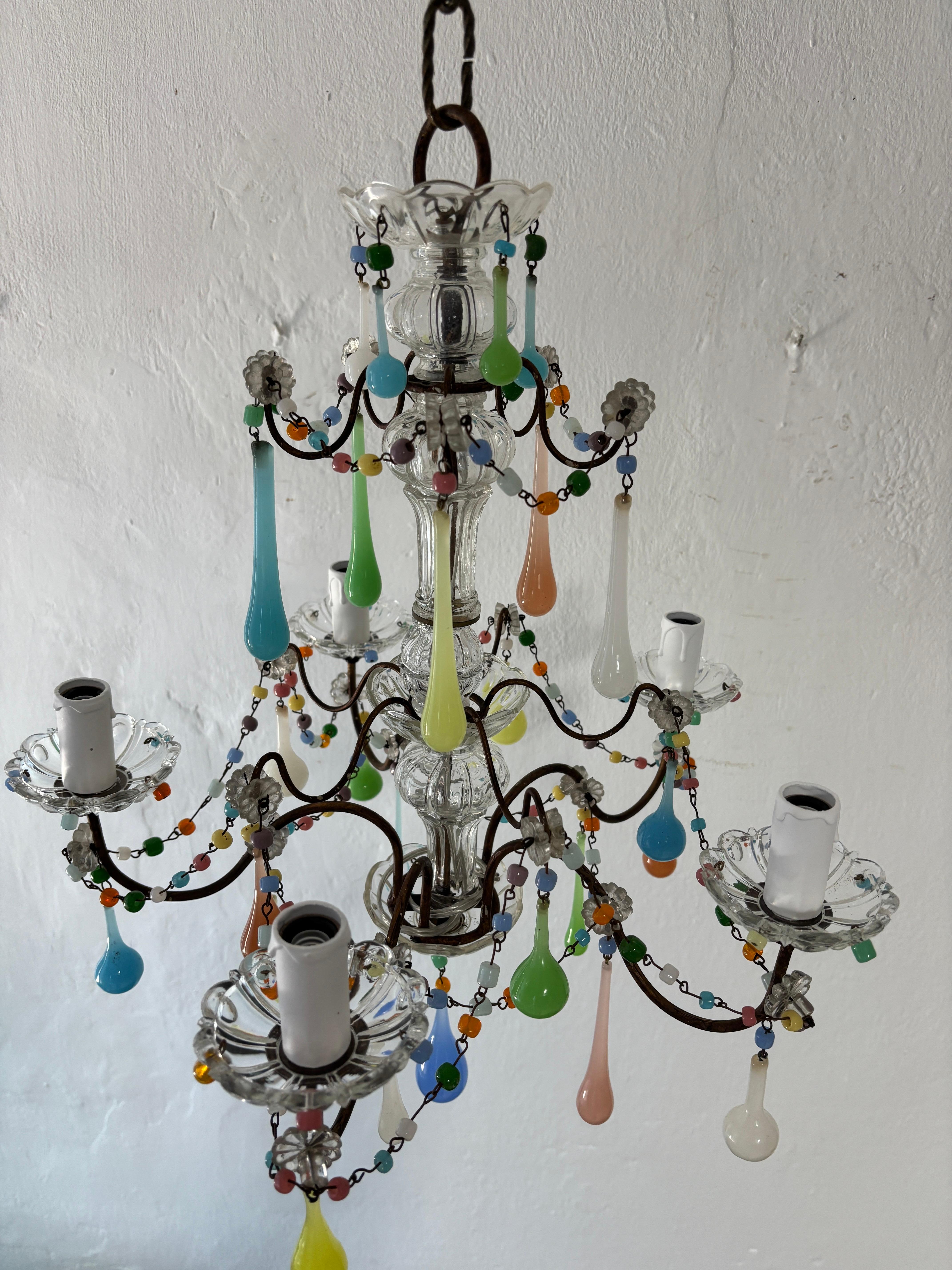French Rainbow Pastel Confetti Candy Colors Opaline Drops Chandelier, circa 1920 For Sale 10