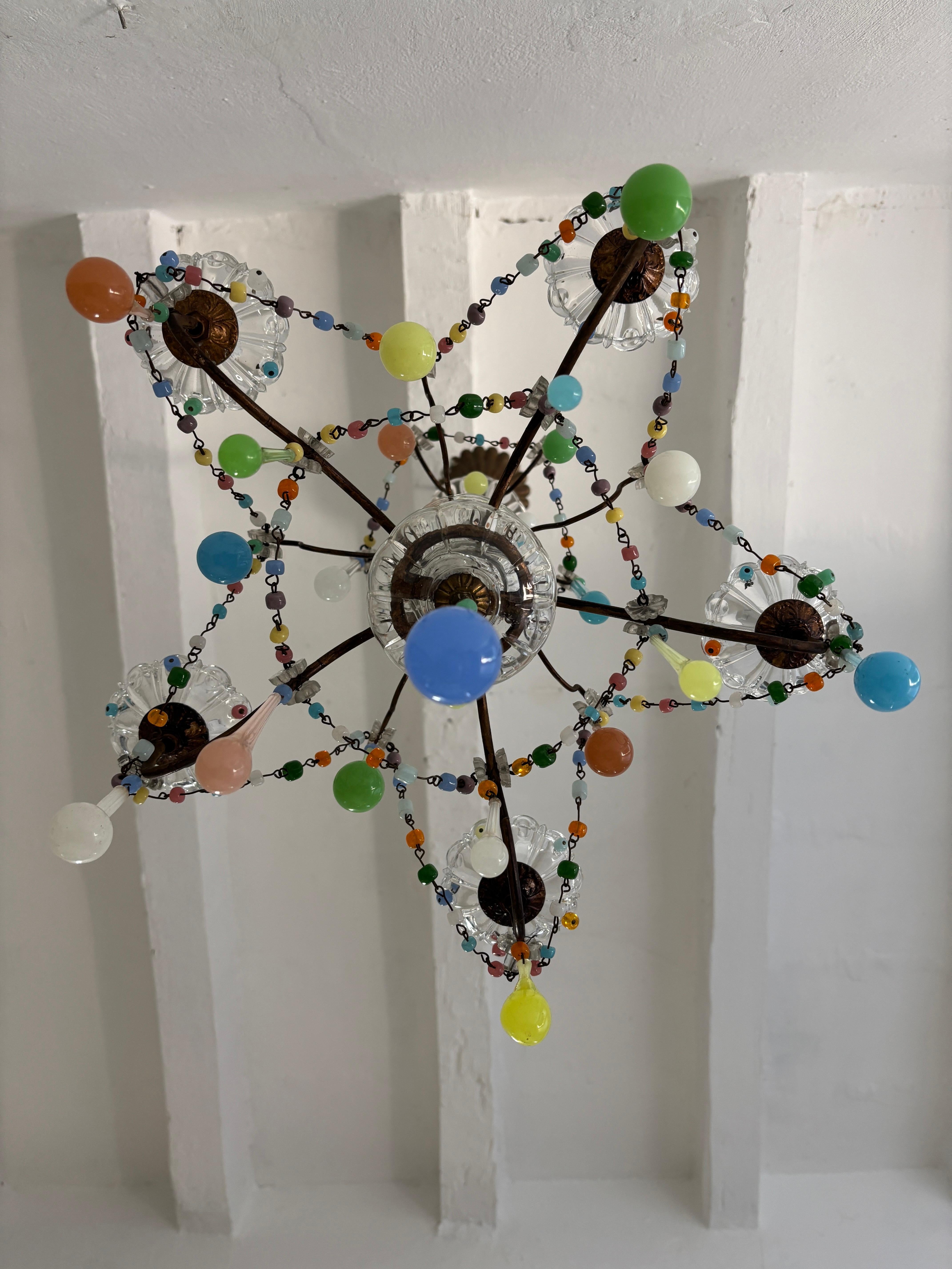 French Rainbow Pastel Confetti Candy Colors Opaline Drops Chandelier, circa 1920 In Good Condition For Sale In Firenze, Toscana