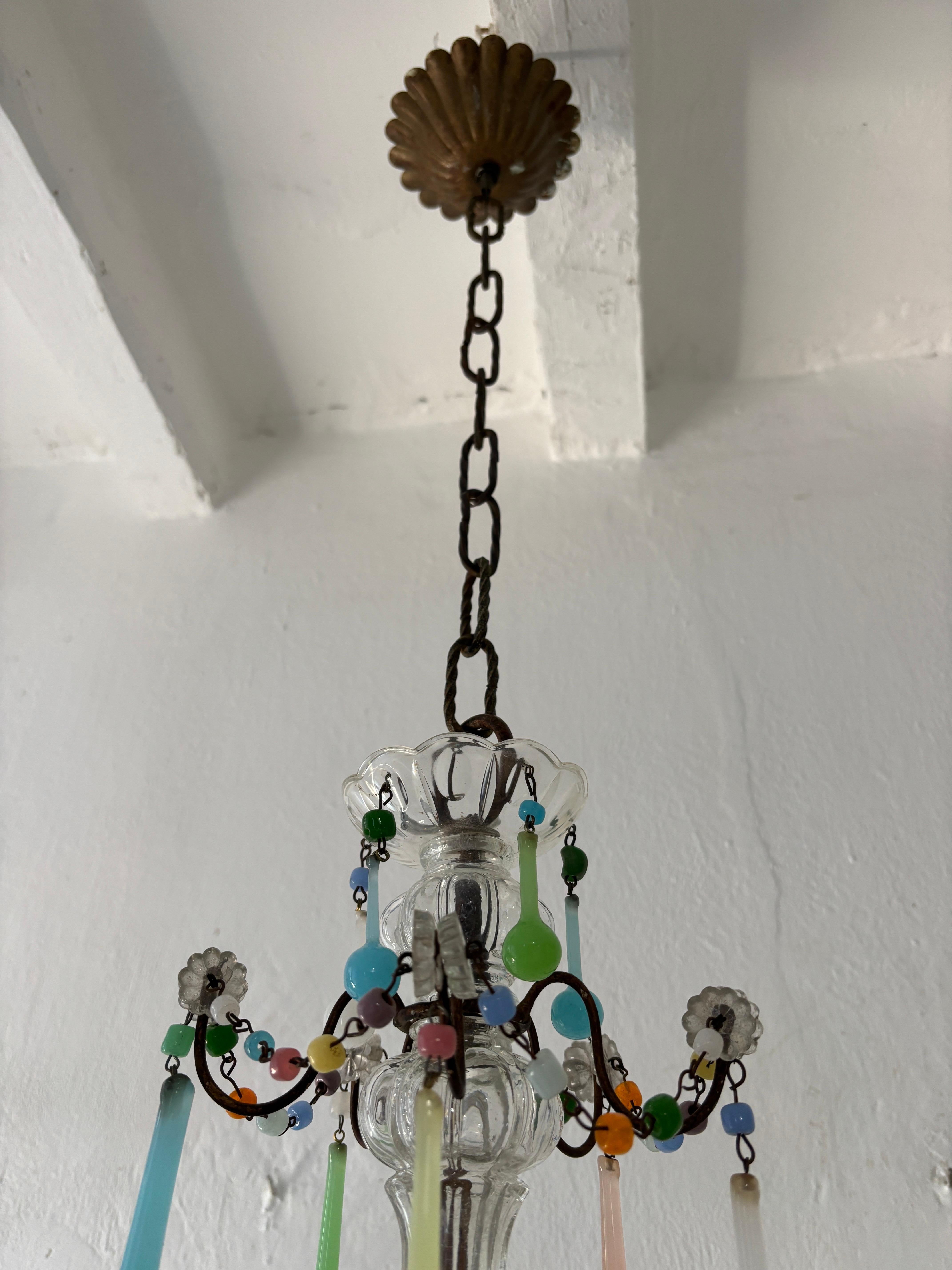 20th Century French Rainbow Pastel Confetti Candy Colors Opaline Drops Chandelier, circa 1920 For Sale