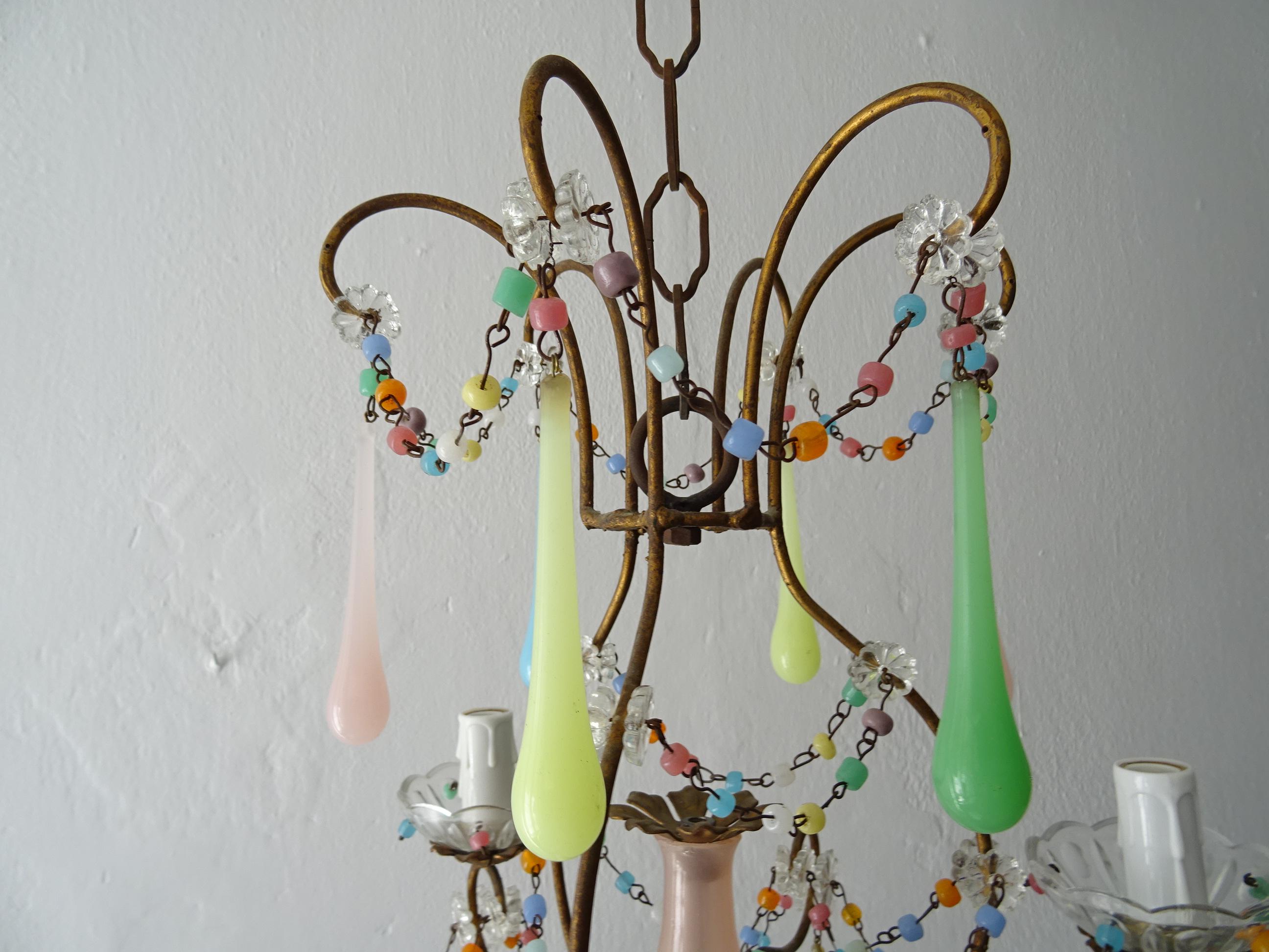20th Century French Rainbow Pastel Confetti Candy Colors Opaline Drops Chandelier, circa 1920