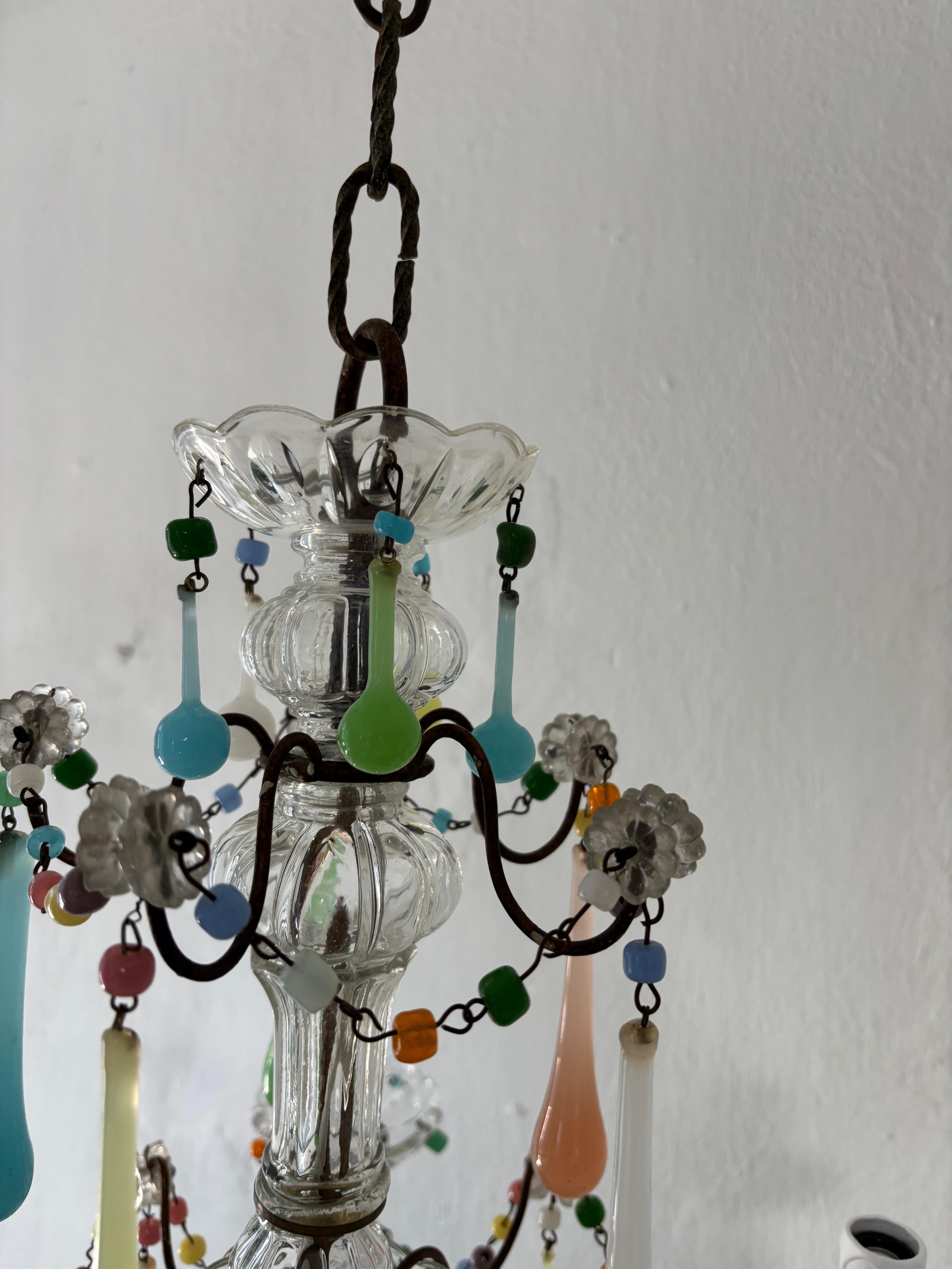 Crystal French Rainbow Pastel Confetti Candy Colors Opaline Drops Chandelier, circa 1920 For Sale