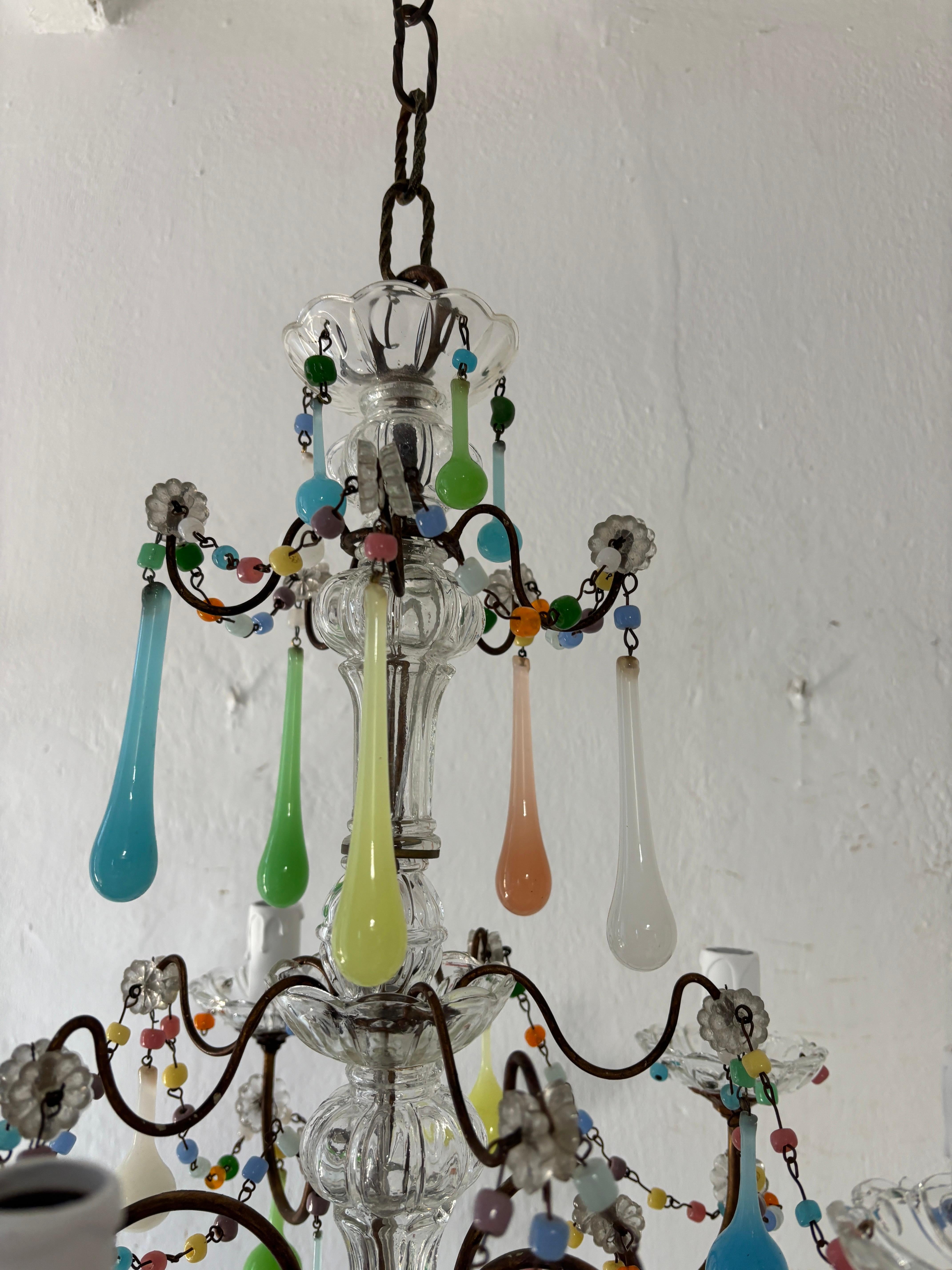 French Rainbow Pastel Confetti Candy Colors Opaline Drops Chandelier, circa 1920 For Sale 1