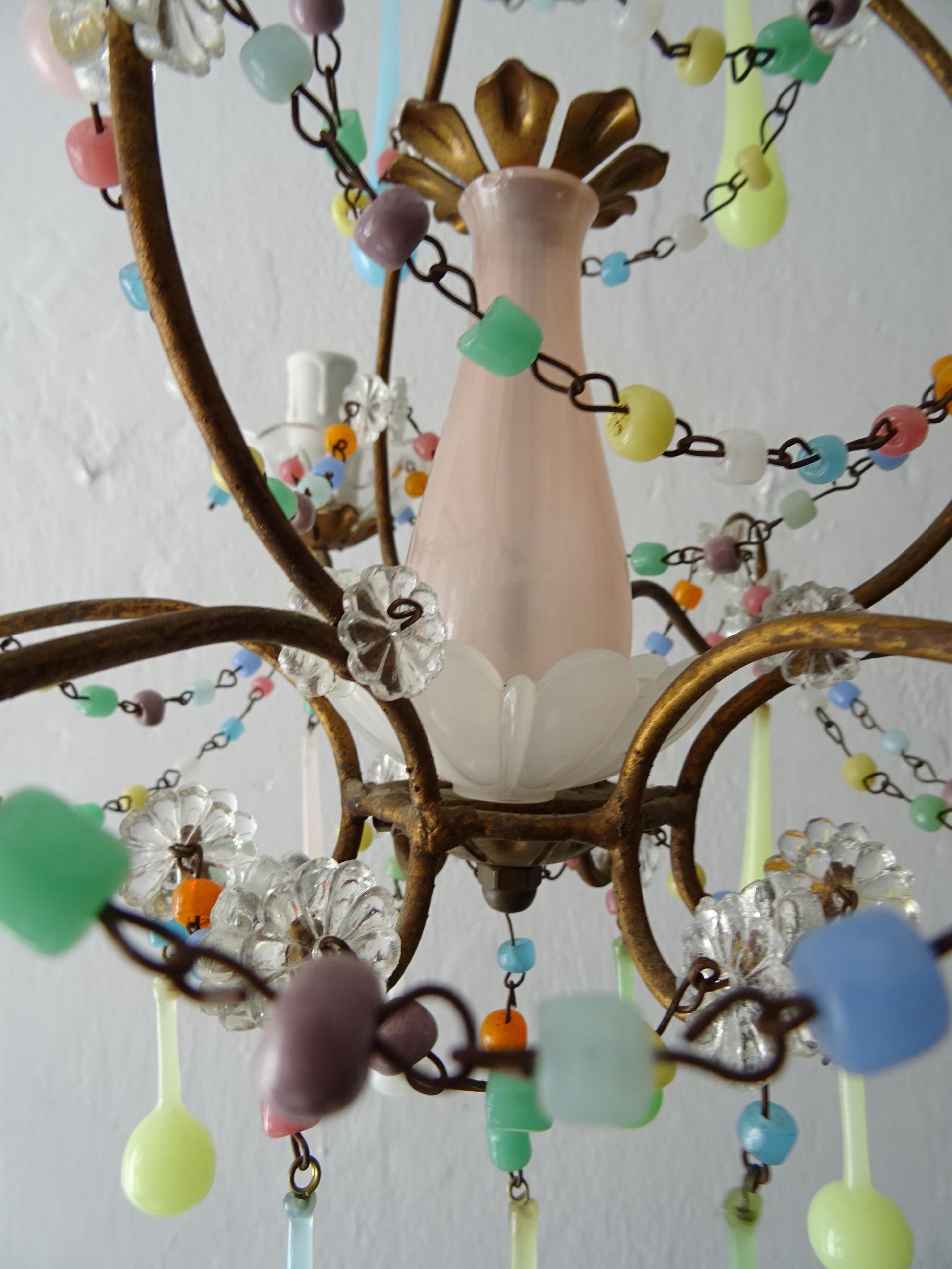 French Rainbow Pastel Confetti Candy Colors Opaline Drops Chandelier, circa 1920 1