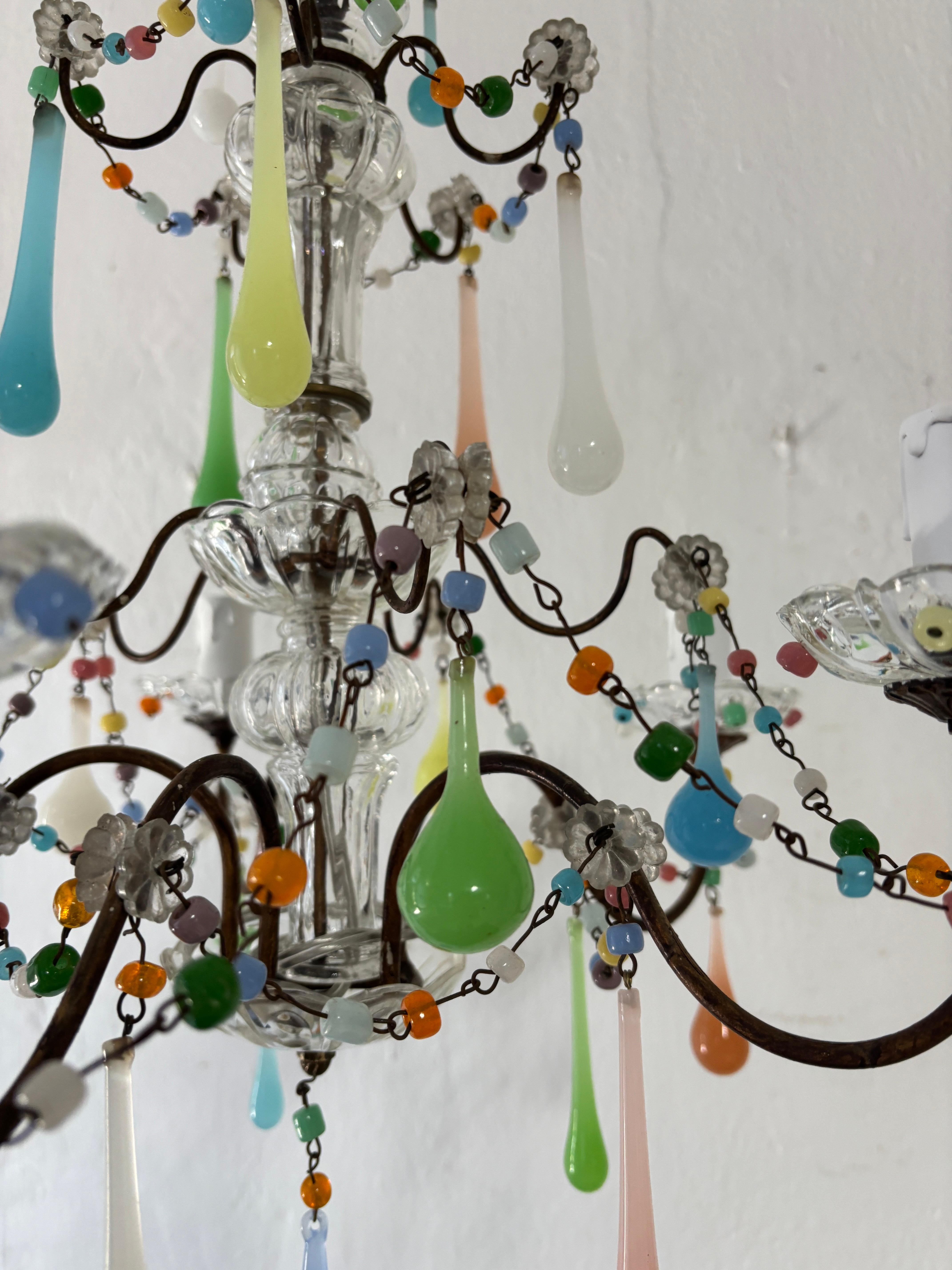 French Rainbow Pastel Confetti Candy Colors Opaline Drops Chandelier, circa 1920 For Sale 2