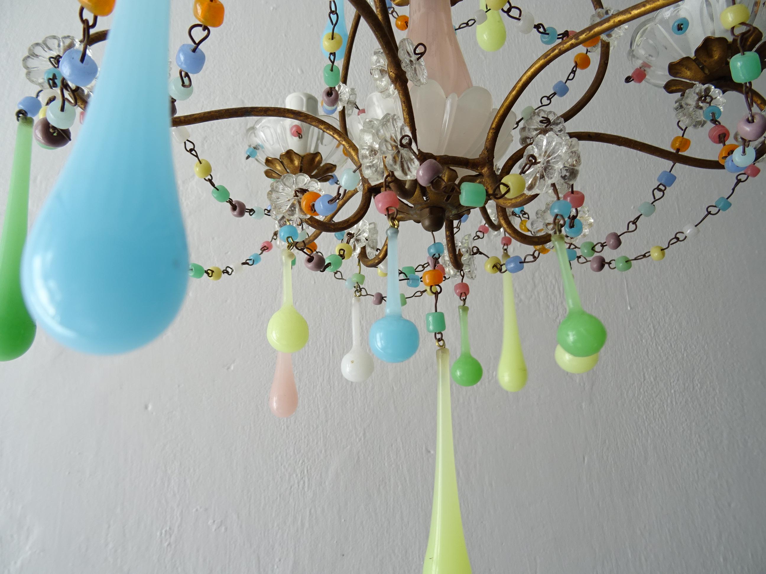 French Rainbow Pastel Confetti Candy Colors Opaline Drops Chandelier, circa 1920 2