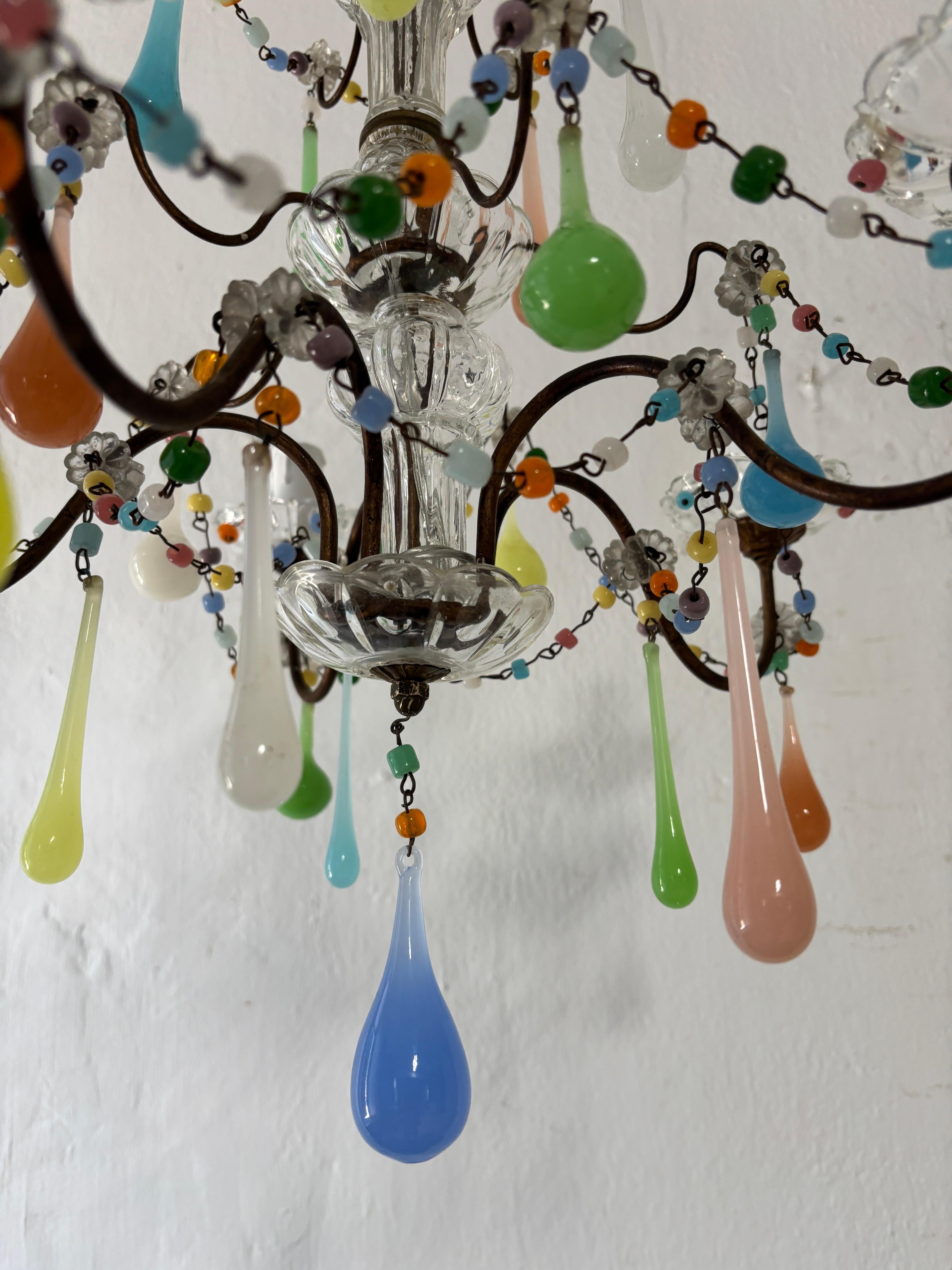French Rainbow Pastel Confetti Candy Colors Opaline Drops Chandelier, circa 1920 For Sale 3