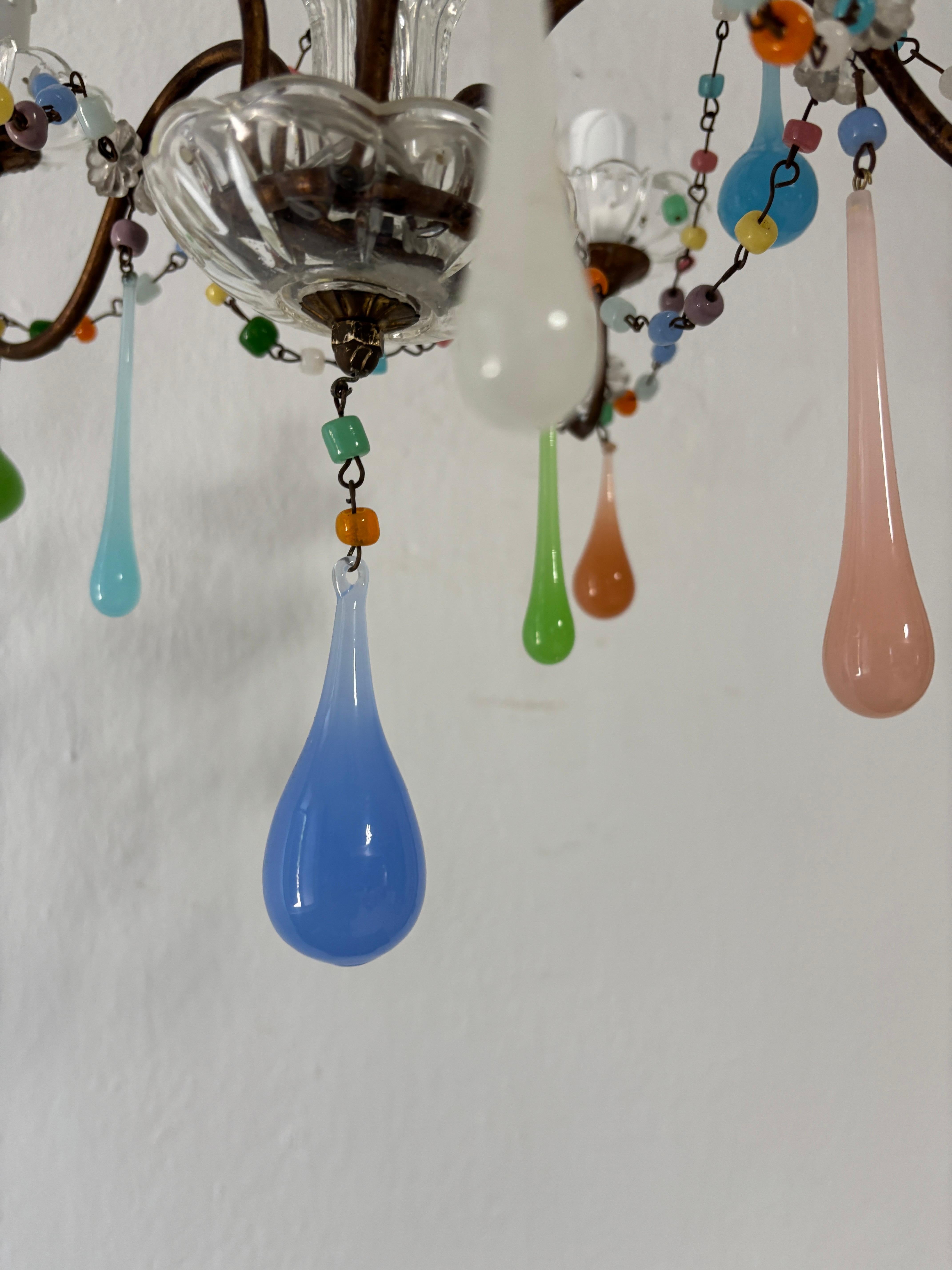 French Rainbow Pastel Confetti Candy Colors Opaline Drops Chandelier, circa 1920 For Sale 4
