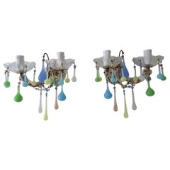 Antique French Rainbow Pastel Multicolored Confetti Opaline Sconces, circa 1920