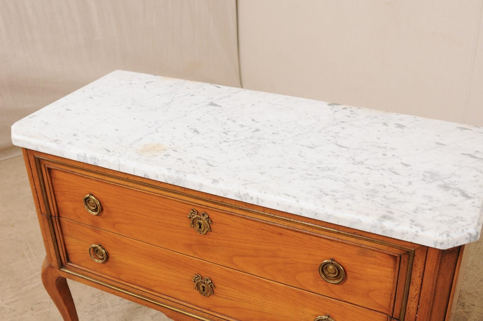French Raised Two-Drawer Marble Top Wood Chest on Cabriole Legs In Good Condition For Sale In Atlanta, GA