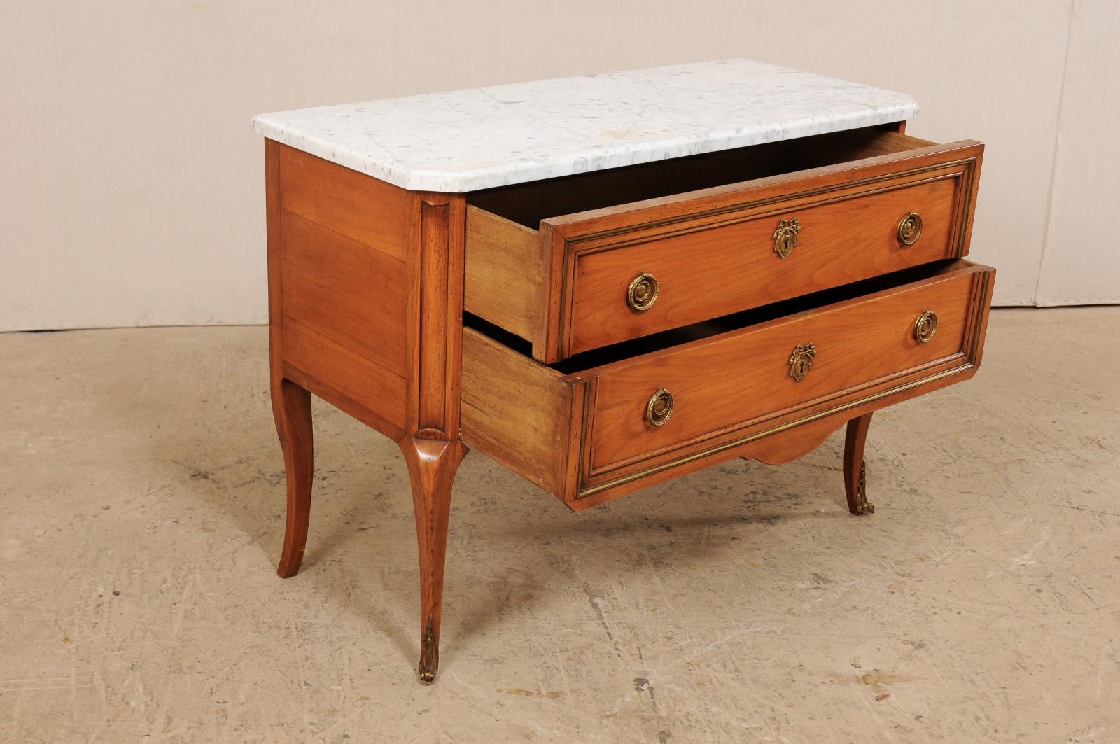 20th Century French Raised Two-Drawer Marble Top Wood Chest on Cabriole Legs For Sale