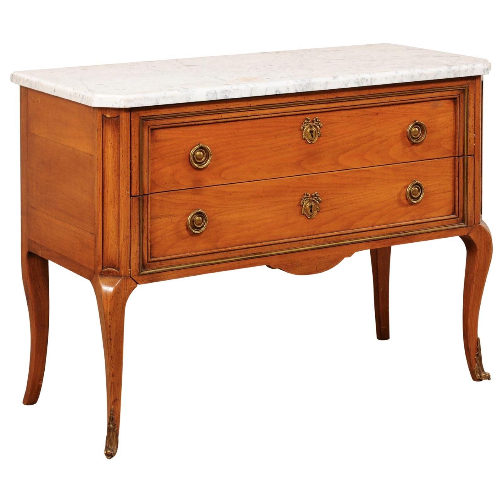 French Raised Two-Drawer Marble Top Wood Chest on Cabriole Legs For Sale