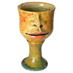 French Raku Chalice in Cracked Ceramic circa 1960 France Yellow Color