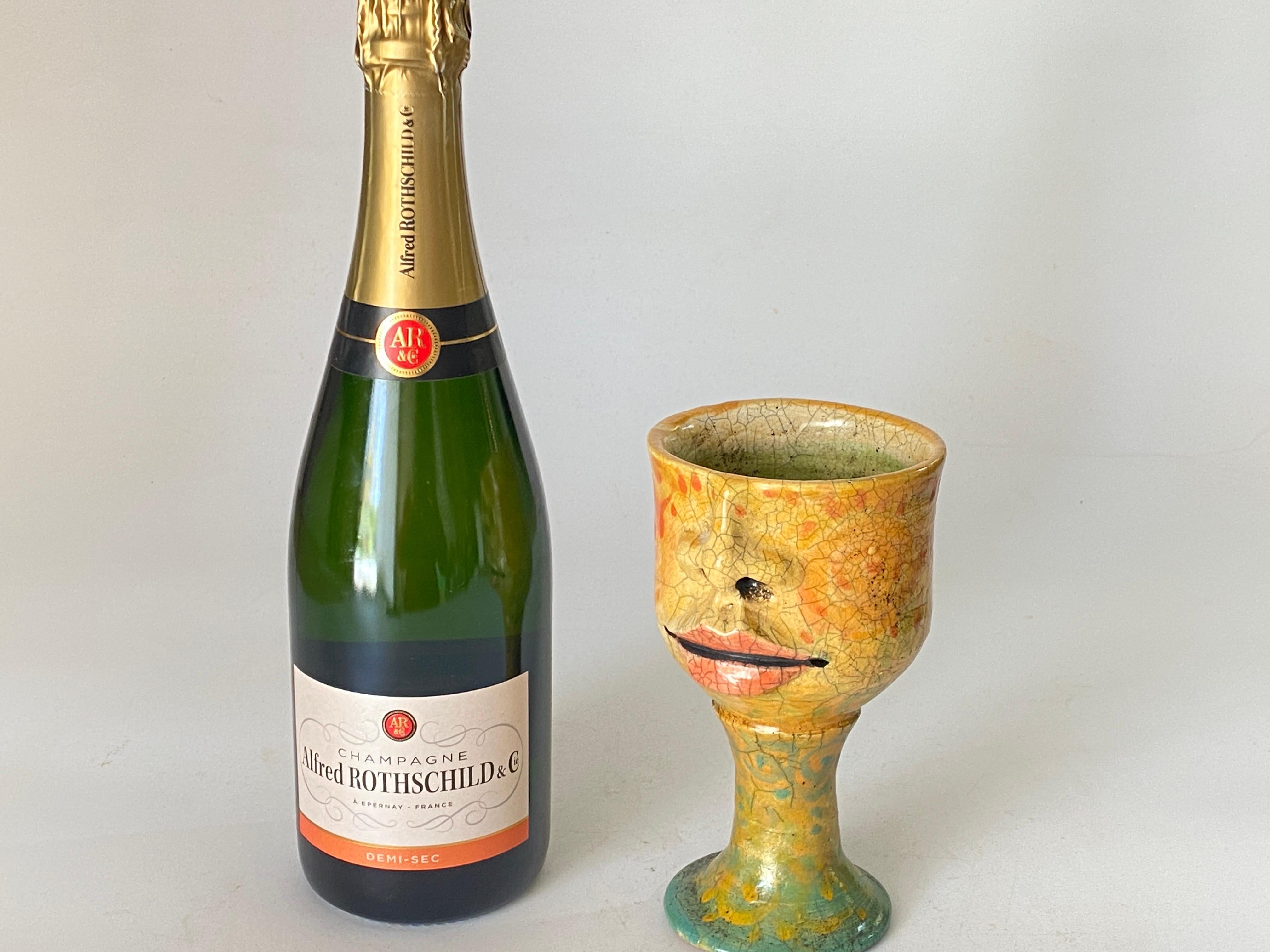 Mid-Century Modern French Raku Chalice in Cracked Ceramic circa 1960 France Yellow Color For Sale