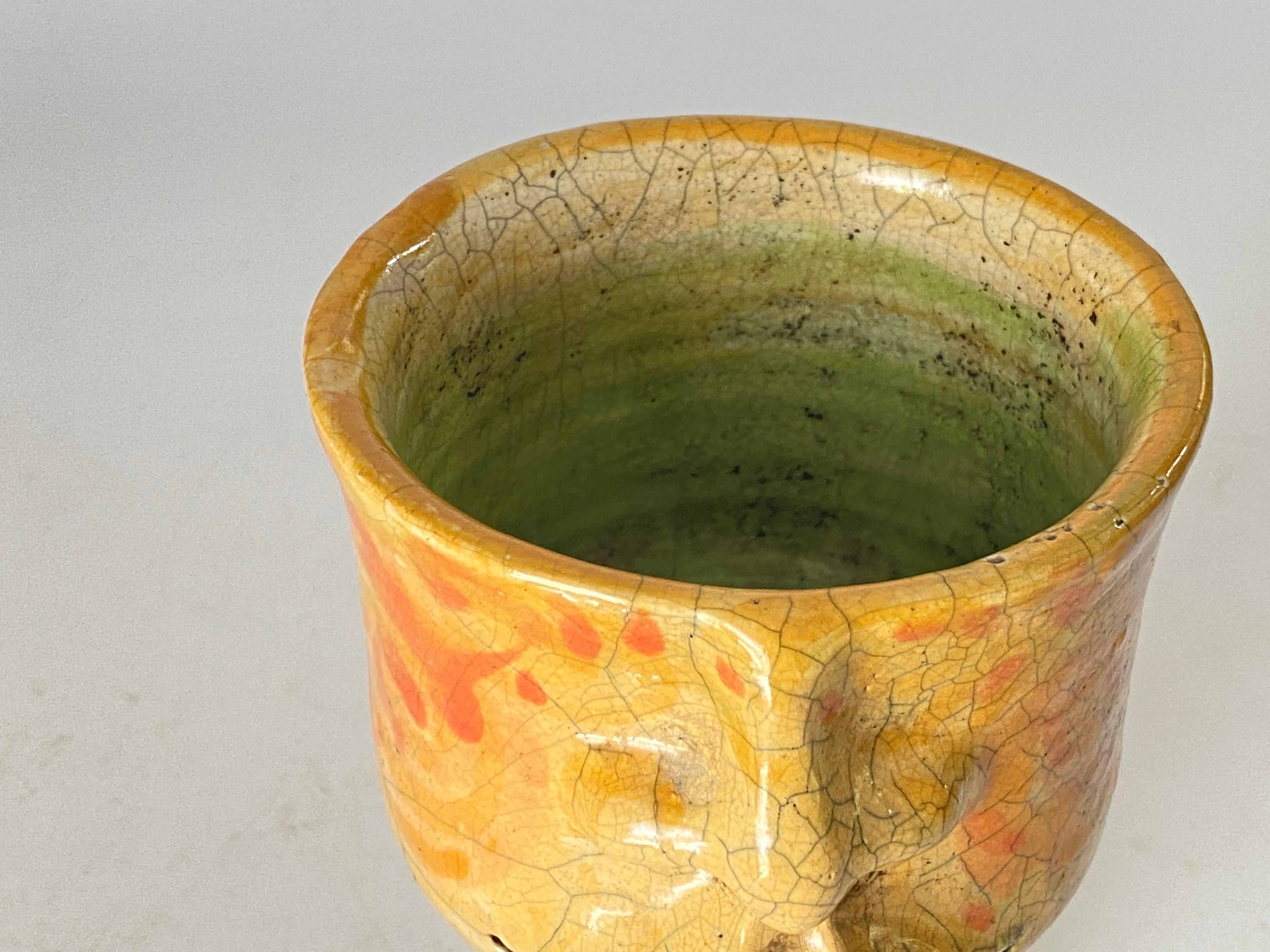 French Raku Chalice in Cracked Ceramic circa 1960 France Yellow Color In Good Condition For Sale In Auribeau sur Siagne, FR