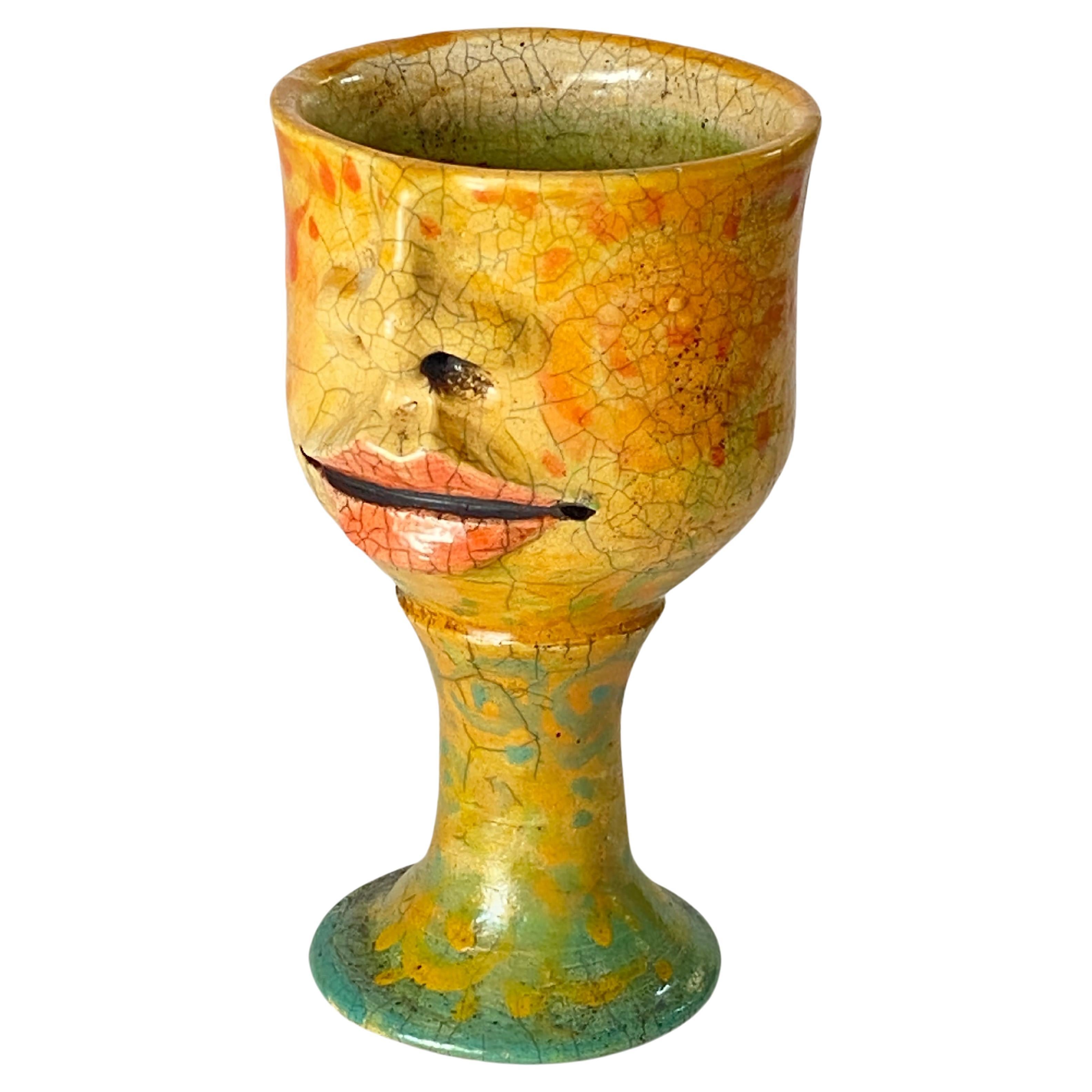 French Raku Chalice in Cracked Ceramic circa 1960 France Yellow Color For Sale