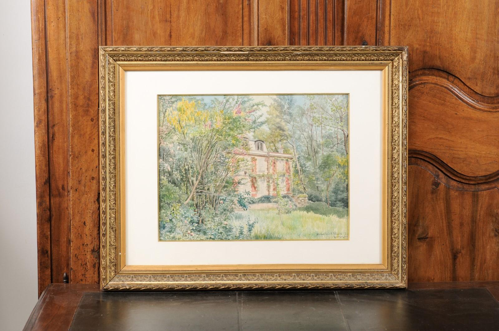 French Raoul Marie 1900s Framed Watercolor Depicting House in Landscape 5