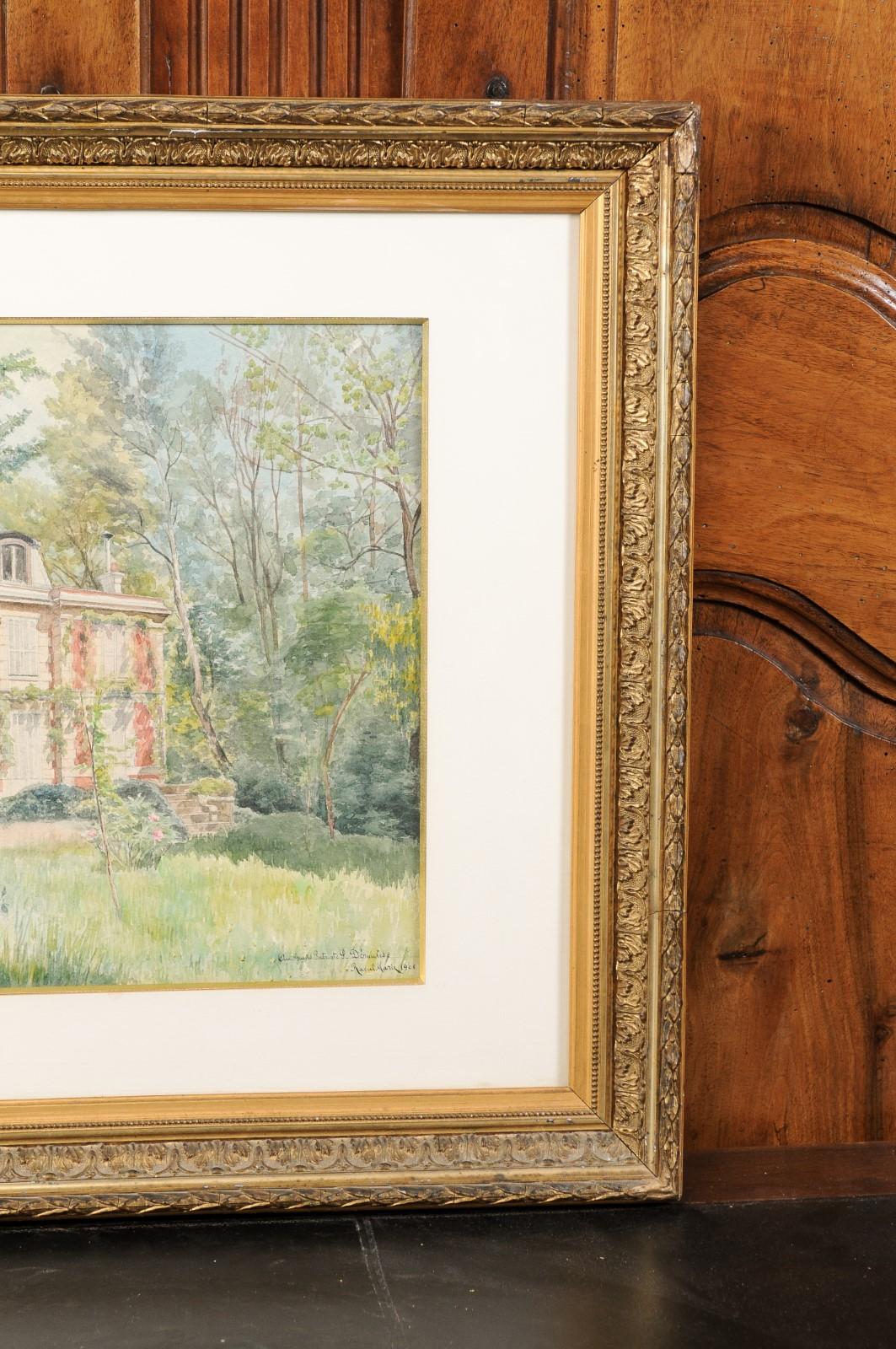 French Raoul Marie 1900s Framed Watercolor Depicting House in Landscape 8