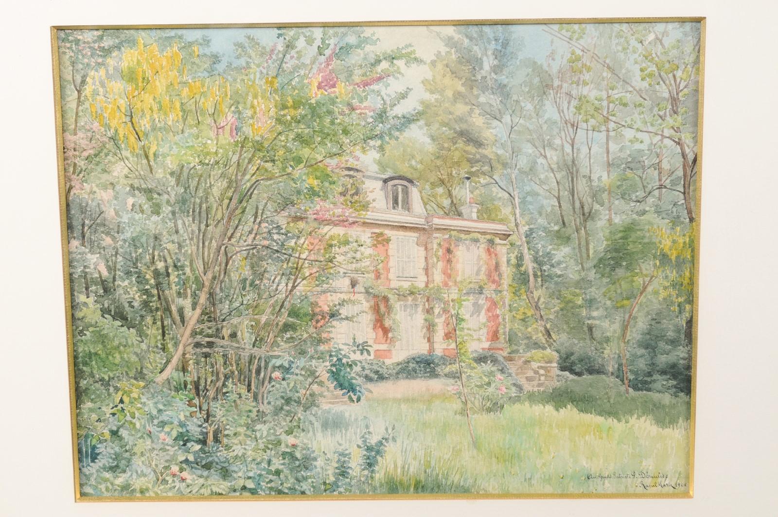 Paint French Raoul Marie 1900s Framed Watercolor Depicting House in Landscape