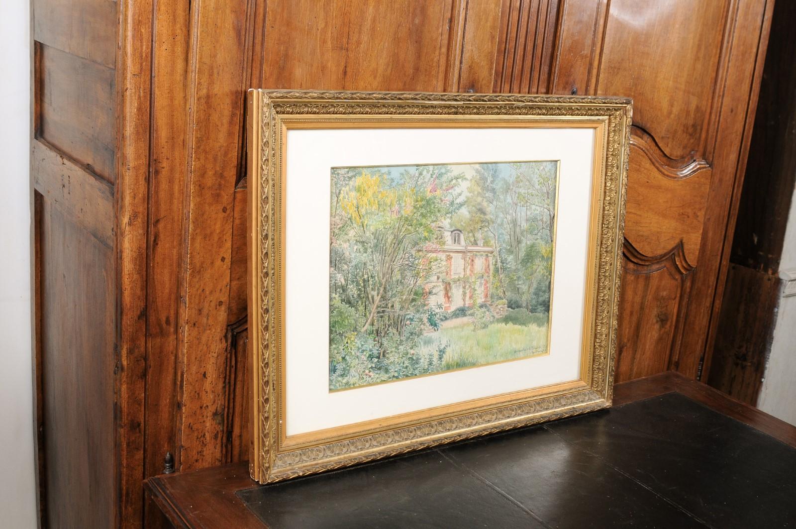 French Raoul Marie 1900s Framed Watercolor Depicting House in Landscape 2