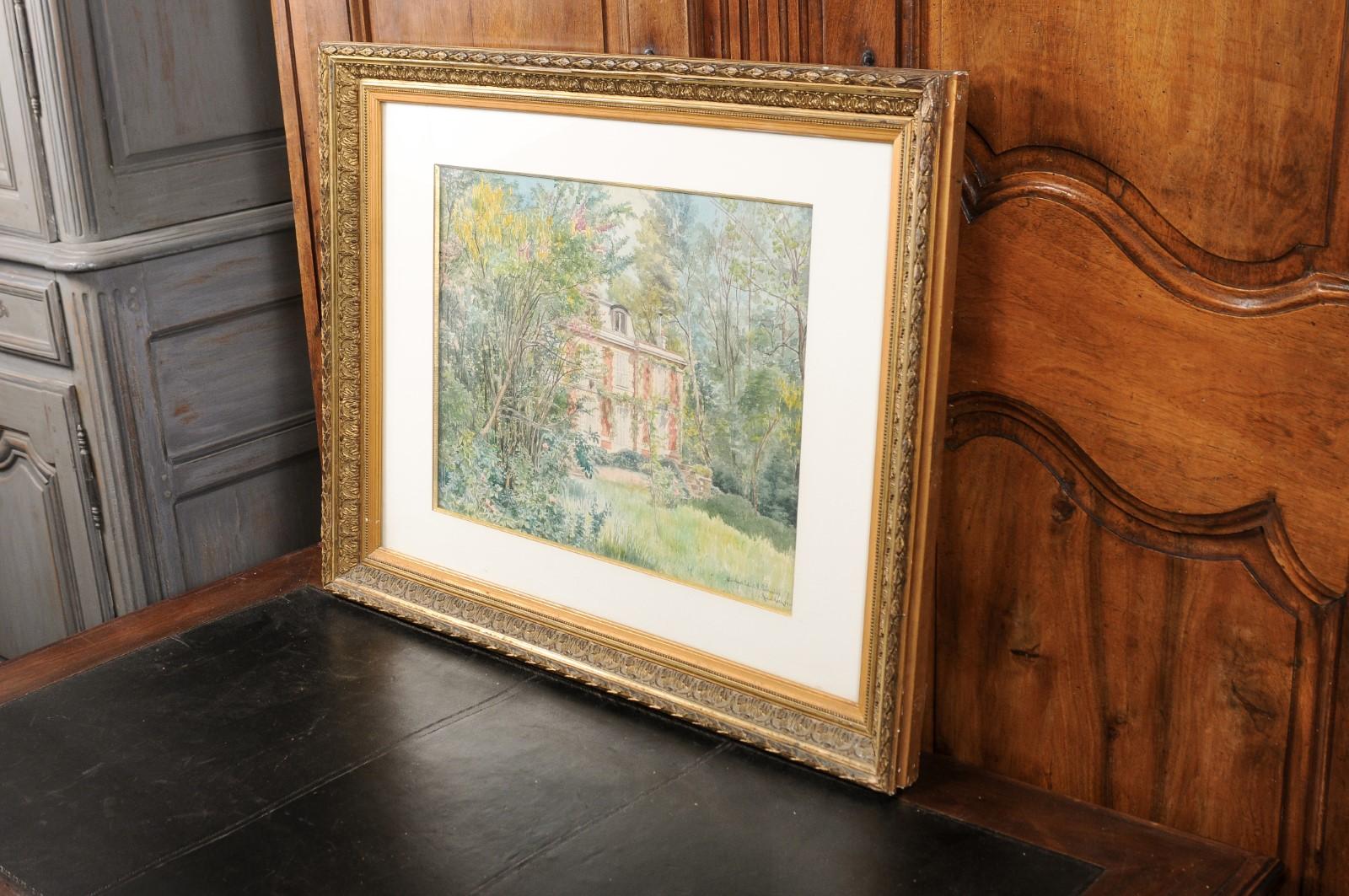 French Raoul Marie 1900s Framed Watercolor Depicting House in Landscape 3
