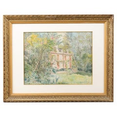French Raoul Marie 1900s Framed Watercolor Depicting House in Landscape