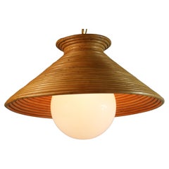 French  Rapped Reed Cone Shaped Pendant with White Glass Shade 1960's