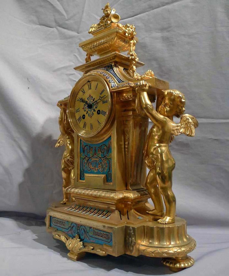 Champlevé French, rare Champleve enamel and ormolu mantel clock For Sale