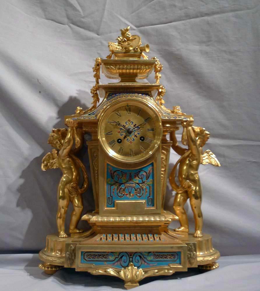 Late 19th Century French, rare Champleve enamel and ormolu mantel clock For Sale