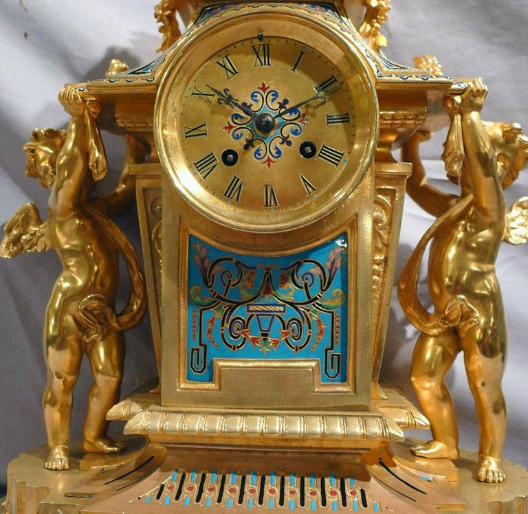 Enamel French, rare Champleve enamel and ormolu mantel clock For Sale