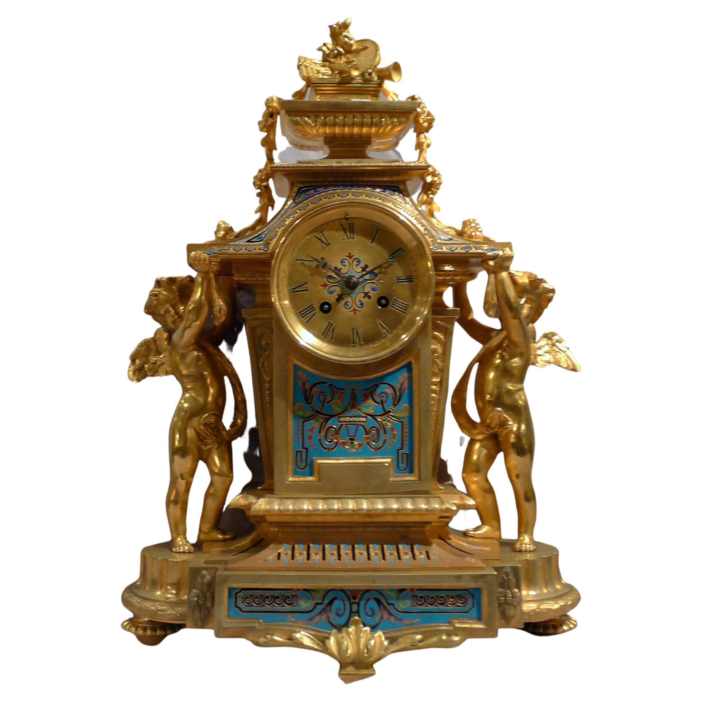 French, rare Champleve enamel and ormolu mantel clock