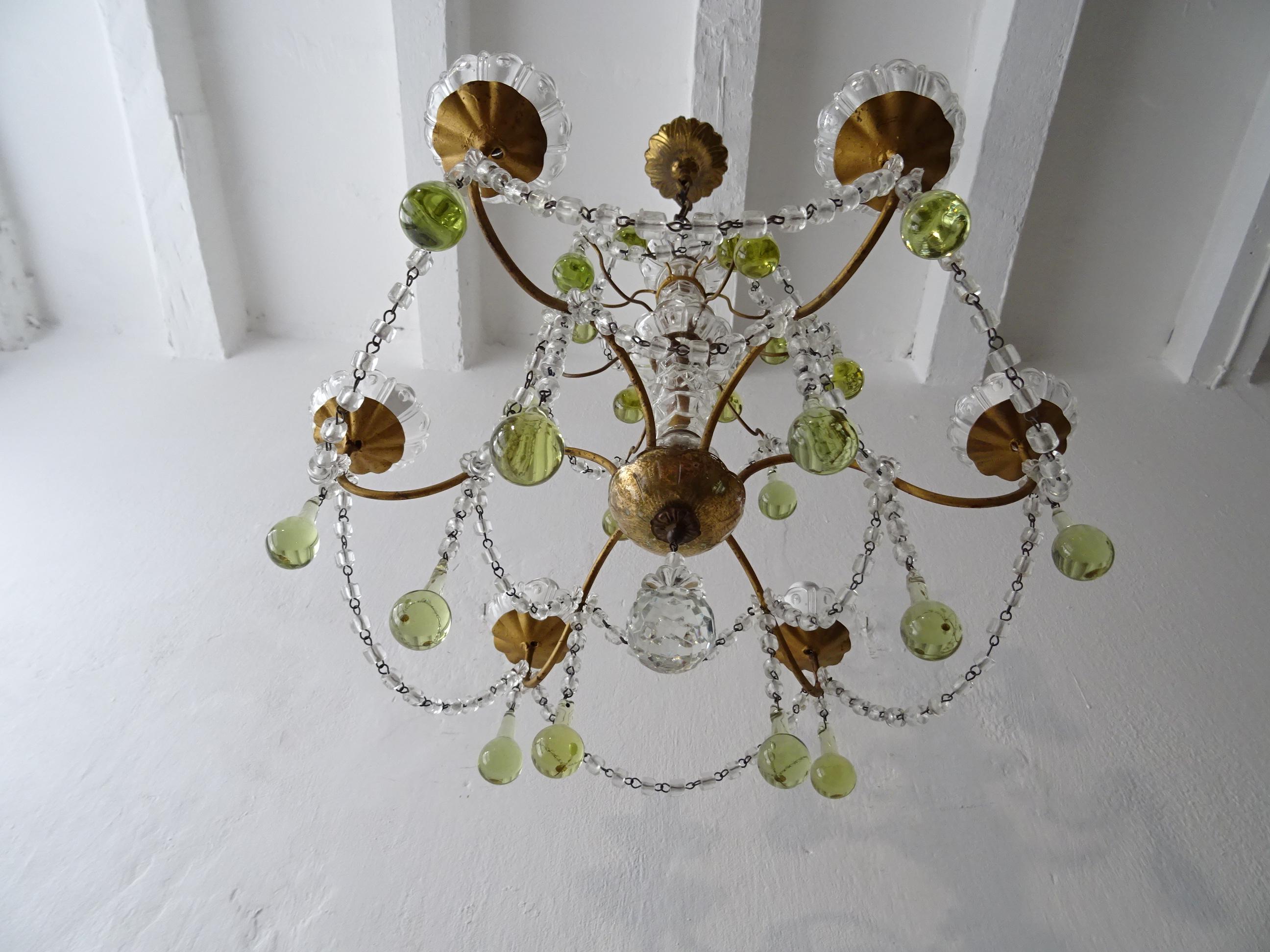 French Rare Green Chartreuse Murano Glass Drops Crystal Chandelier, circa 1920 For Sale 6