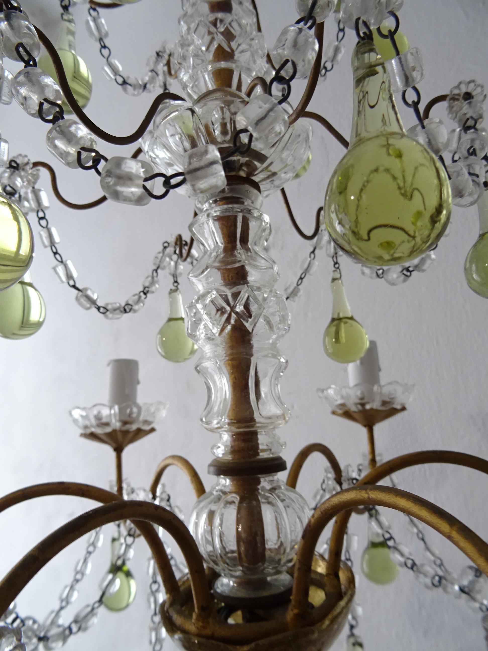 French Rare Green Chartreuse Murano Glass Drops Crystal Chandelier, circa 1920 For Sale 2