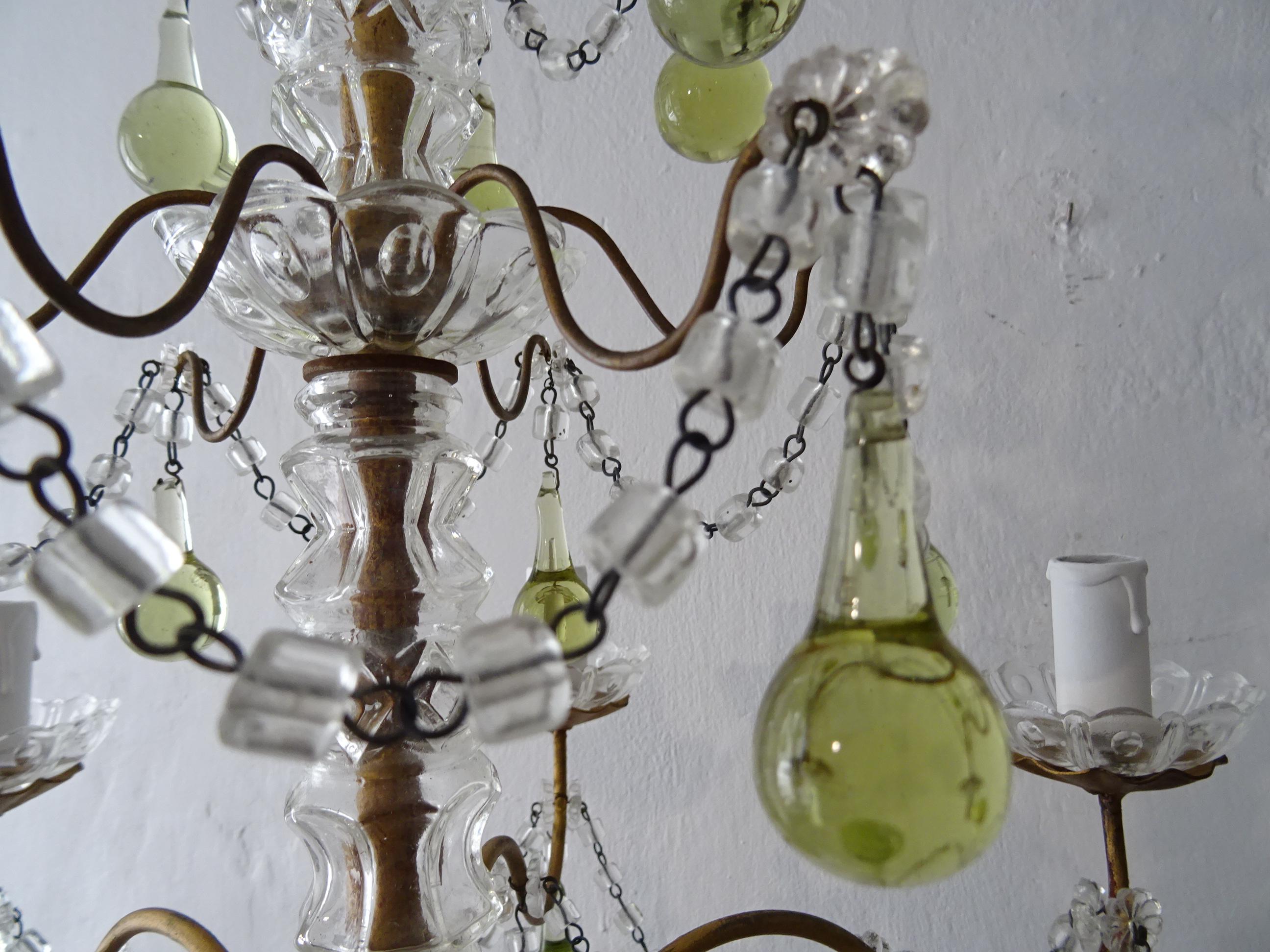 French Rare Green Chartreuse Murano Glass Drops Crystal Chandelier, circa 1920 For Sale 3