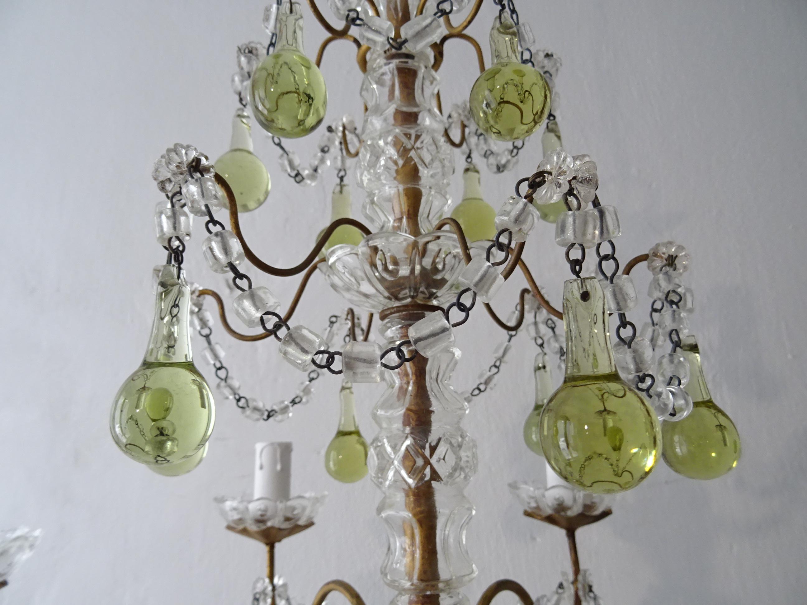 French Rare Green Chartreuse Murano Glass Drops Crystal Chandelier, circa 1920 For Sale 4