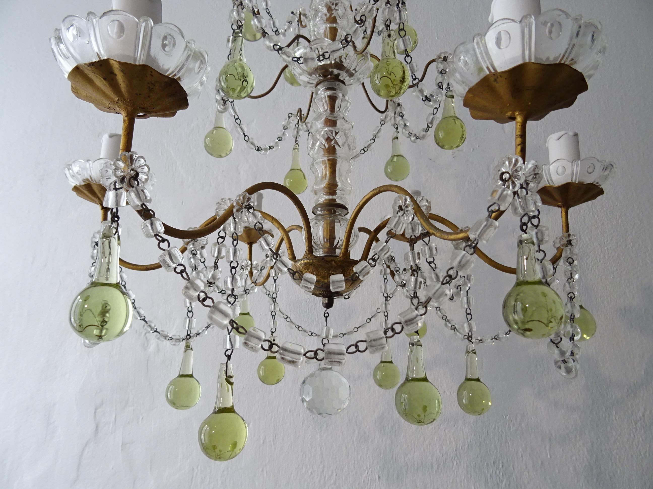 French Rare Green Chartreuse Murano Glass Drops Crystal Chandelier, circa 1920 For Sale 5