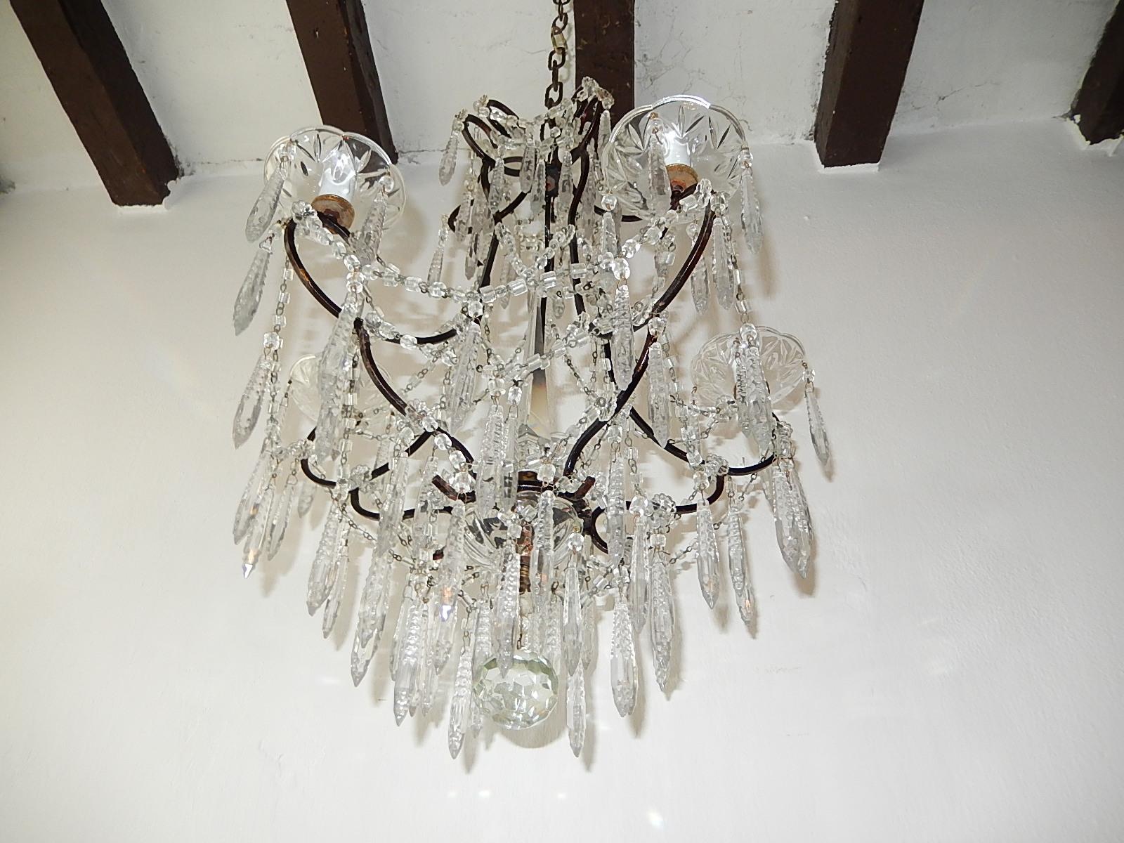Metal French Rare Cut Crystal with Center Spear Chandelier For Sale