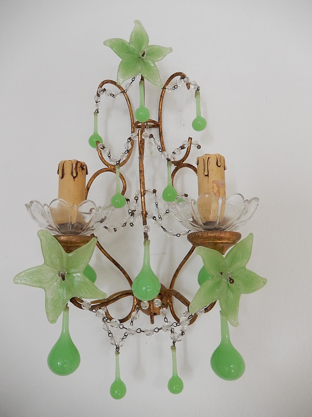 Crystal French Rare Flower One of a Kind Green Opaline Giltwood Sconces, circa 1920 For Sale