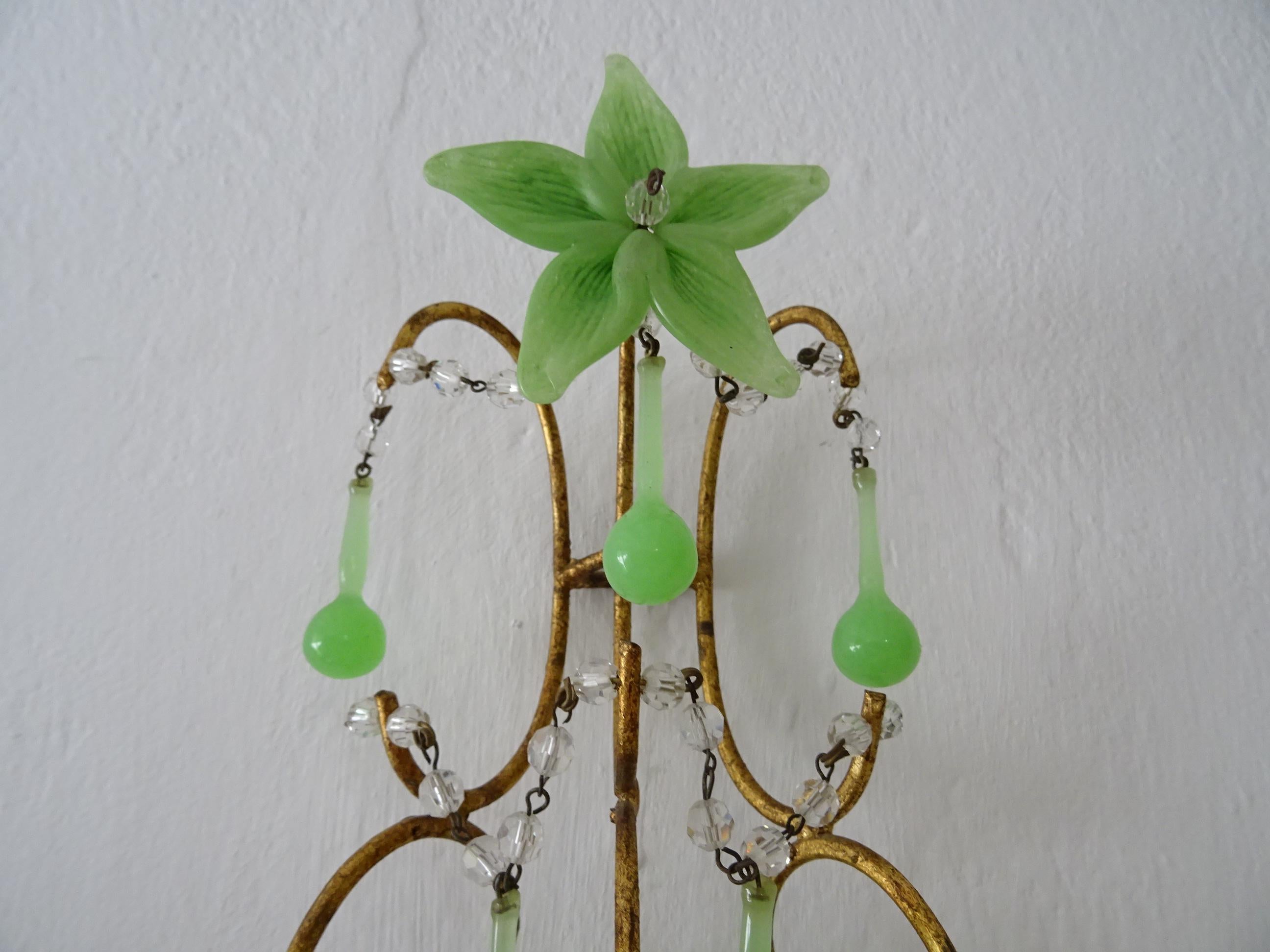 Early 20th Century French Rare Flower One of a Kind Green Opaline Giltwood Sconces, circa 1920