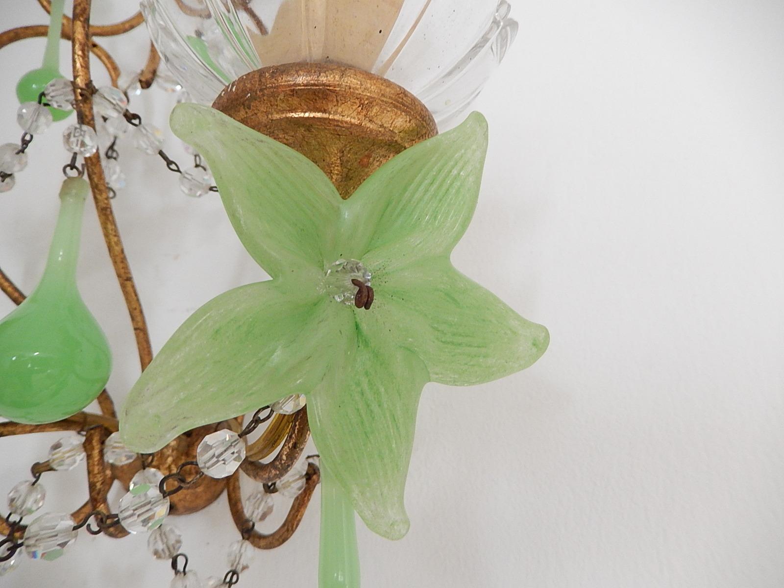 French Rare Flower One of a Kind Green Opaline Giltwood Sconces, circa 1920 For Sale 1