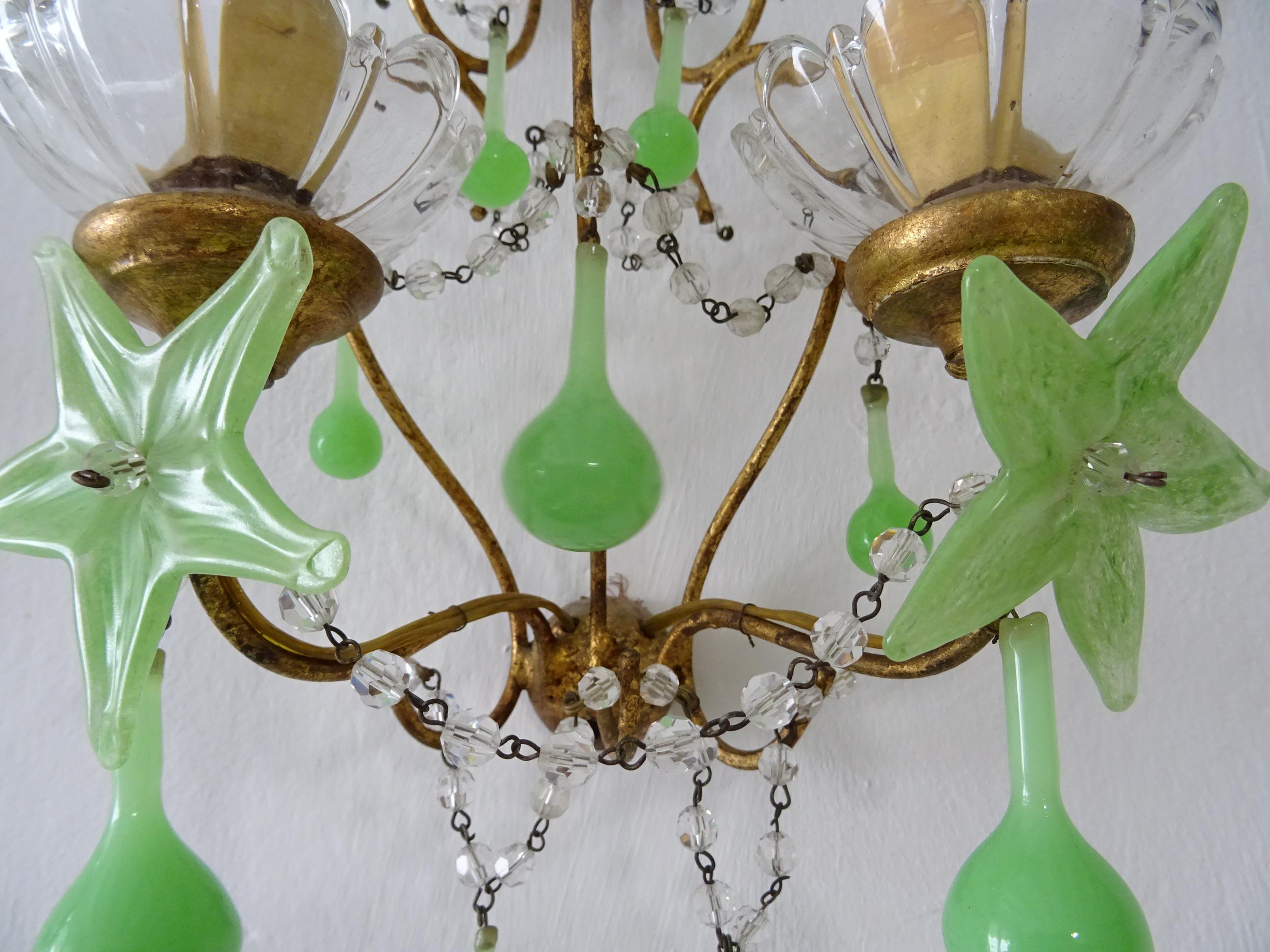 Crystal French Rare Flower One of a Kind Green Opaline Giltwood Sconces, circa 1920