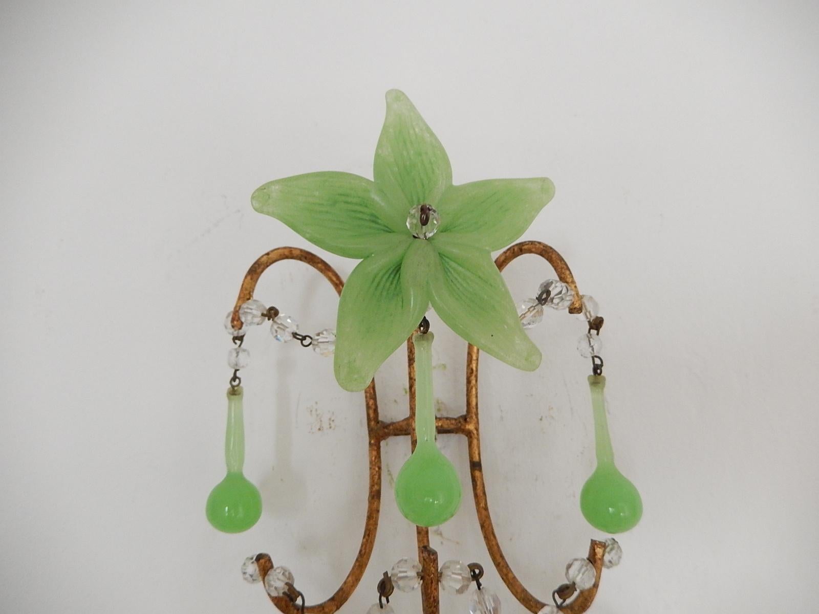 French Rare Flower One of a Kind Green Opaline Giltwood Sconces, circa 1920 For Sale 2