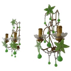 French Rare Flower One of a Kind Green Opaline Giltwood Sconces, circa 1920