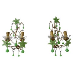 French Rare Flower One of a Kind Green Opaline Giltwood Sconces, circa 1920