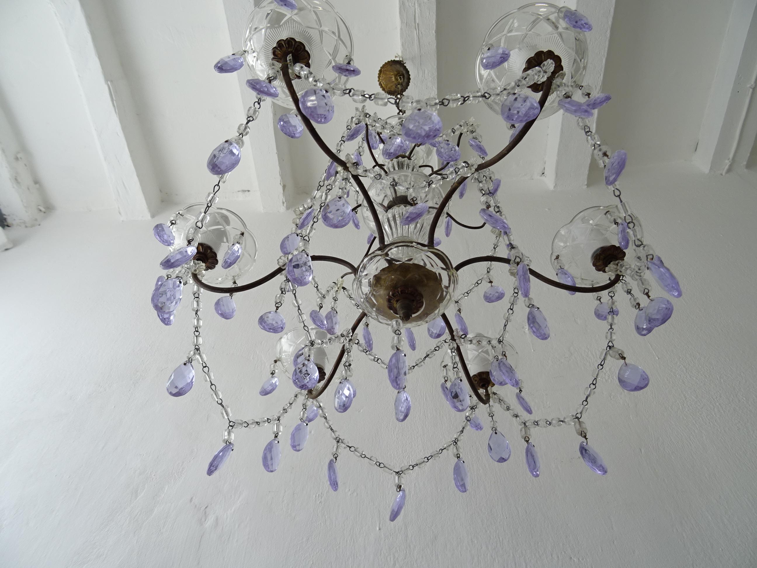 French Rare Lavender Purple Crystal Prisms Murano Chandelier, circa 1920 For Sale 4