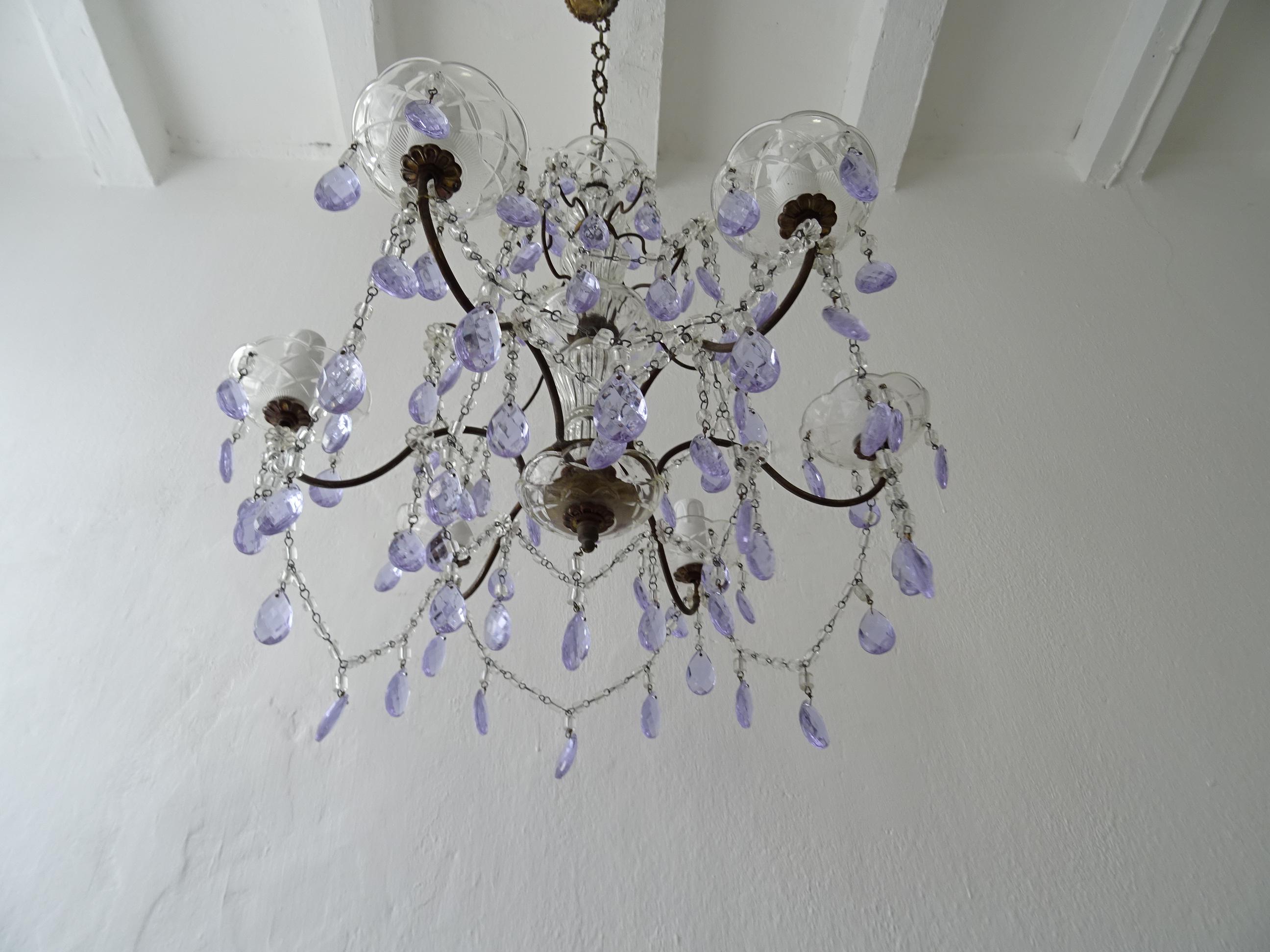 French Provincial French Rare Lavender Purple Crystal Prisms Murano Chandelier, circa 1920 For Sale